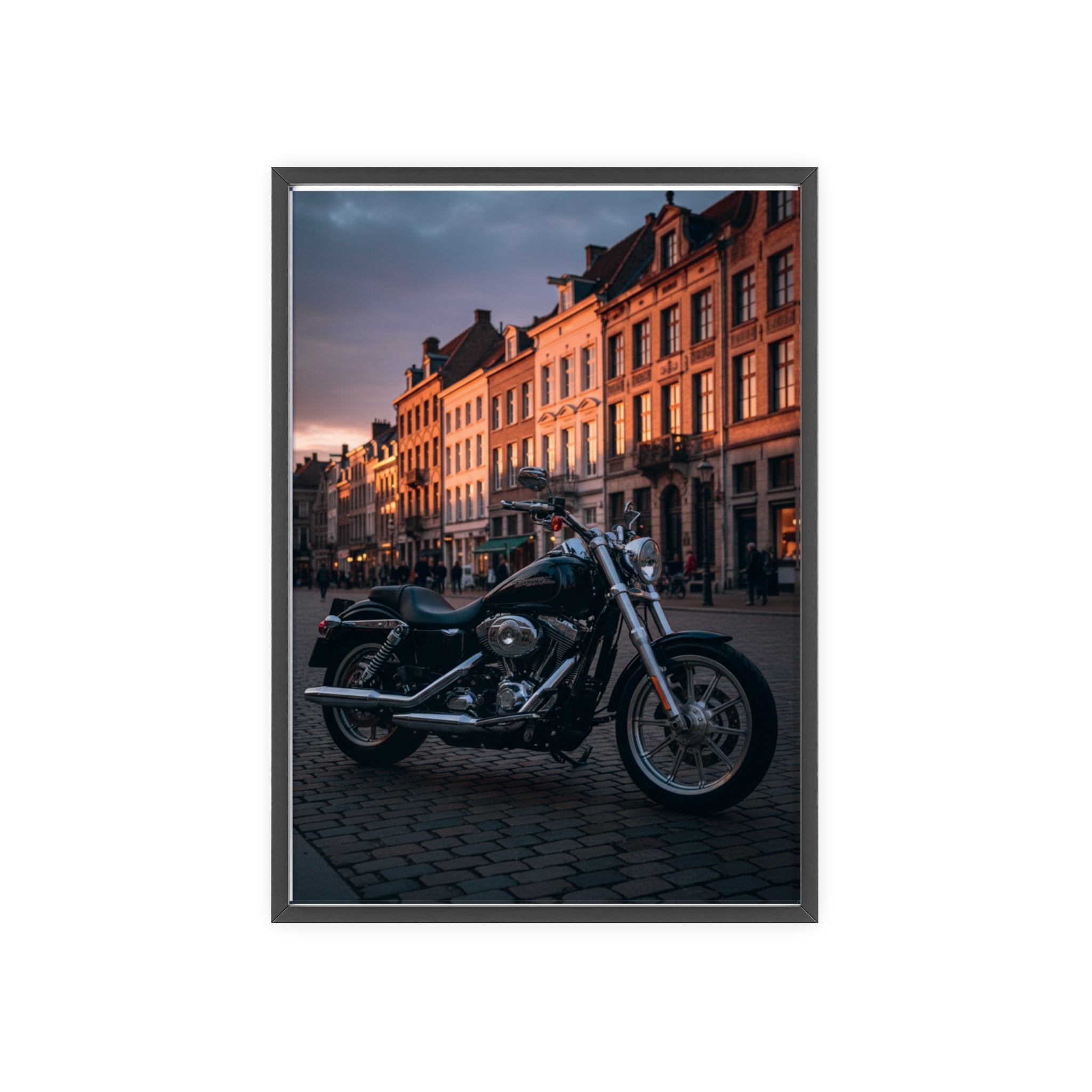 Vintage Motorcycle Poster with Wooden Frame — Urban Sunset Bike Wall Art