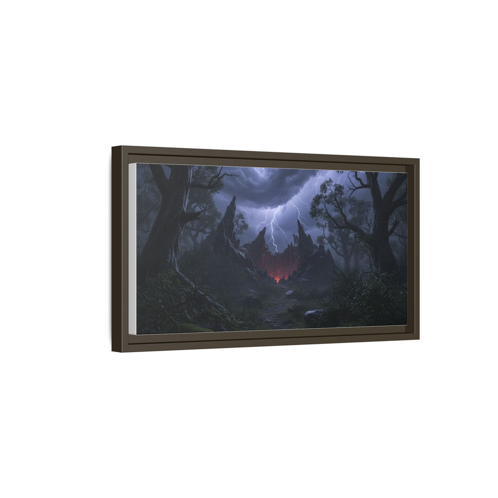 Dark Storm Forest Framed Canvas Print — Lightning, Haunted Castle Art