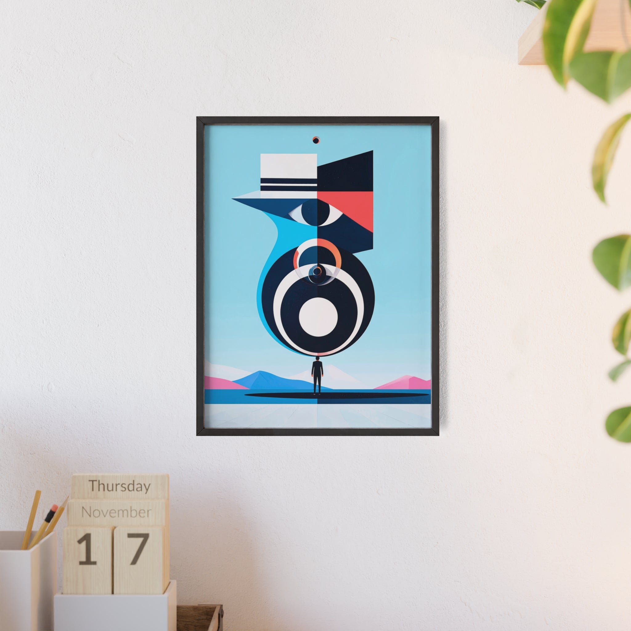 Abstract Geometric Bird Poster with Wooden Frame — Modern Minimalist Wall Art