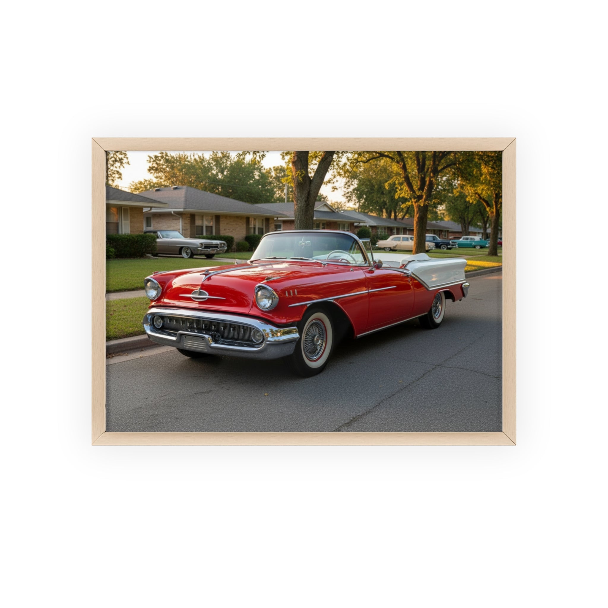 Vintage Red Convertible Poster with Wooden Frame — Classic Car Wall Art