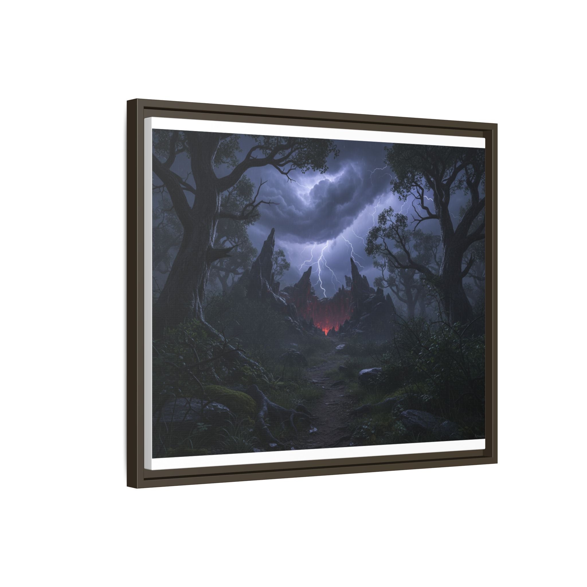 Dark Storm Forest Framed Canvas Print — Lightning, Haunted Castle Art