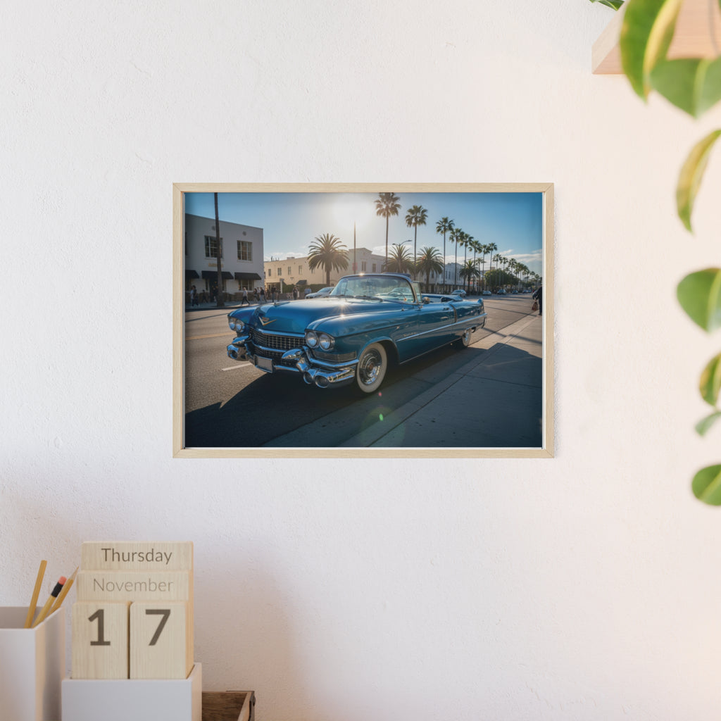 Framed Vintage Cadillac Poster – Retro Palm-Tree Coastal Car Wall Art