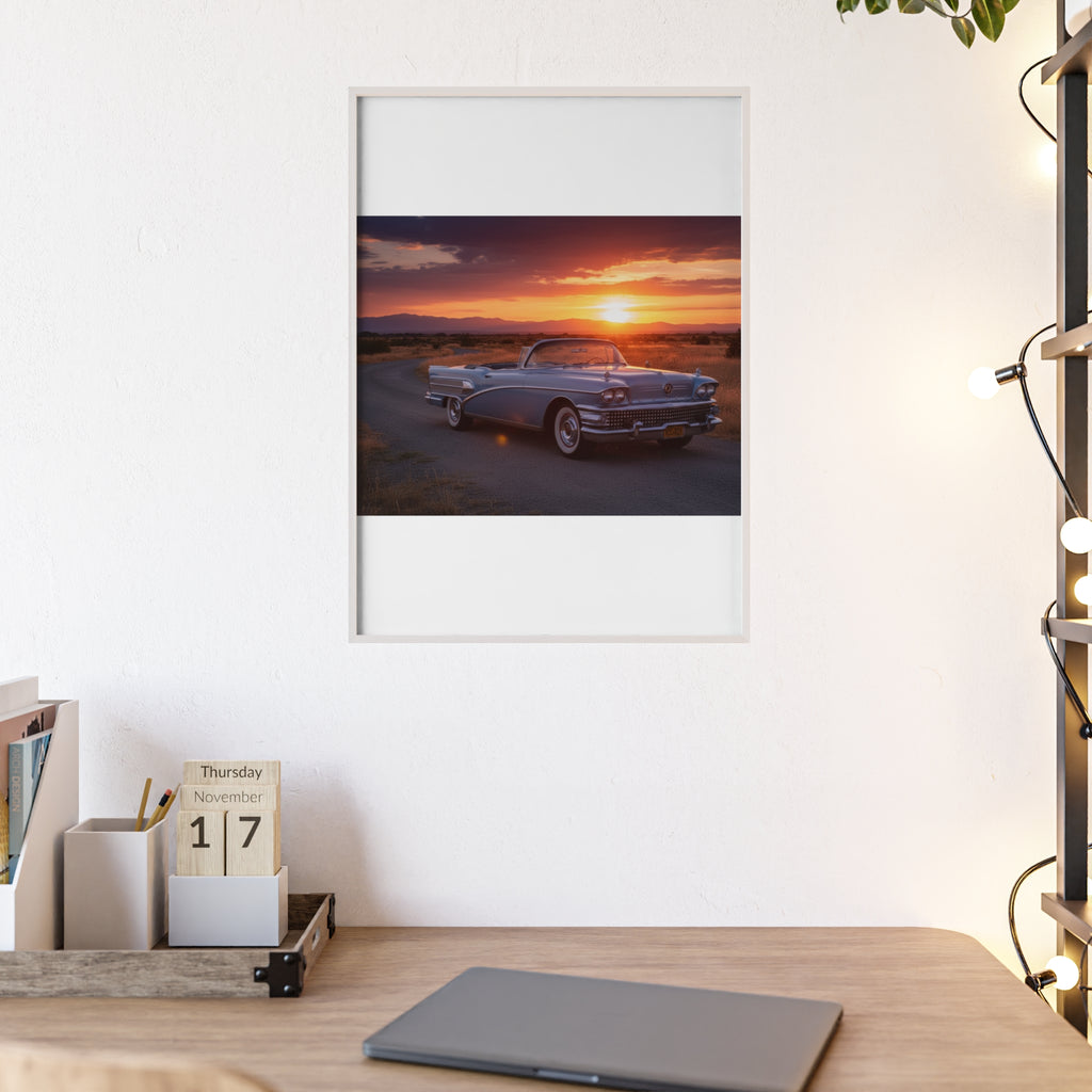 Vintage Convertible Sunset Poster with Wooden Frame
