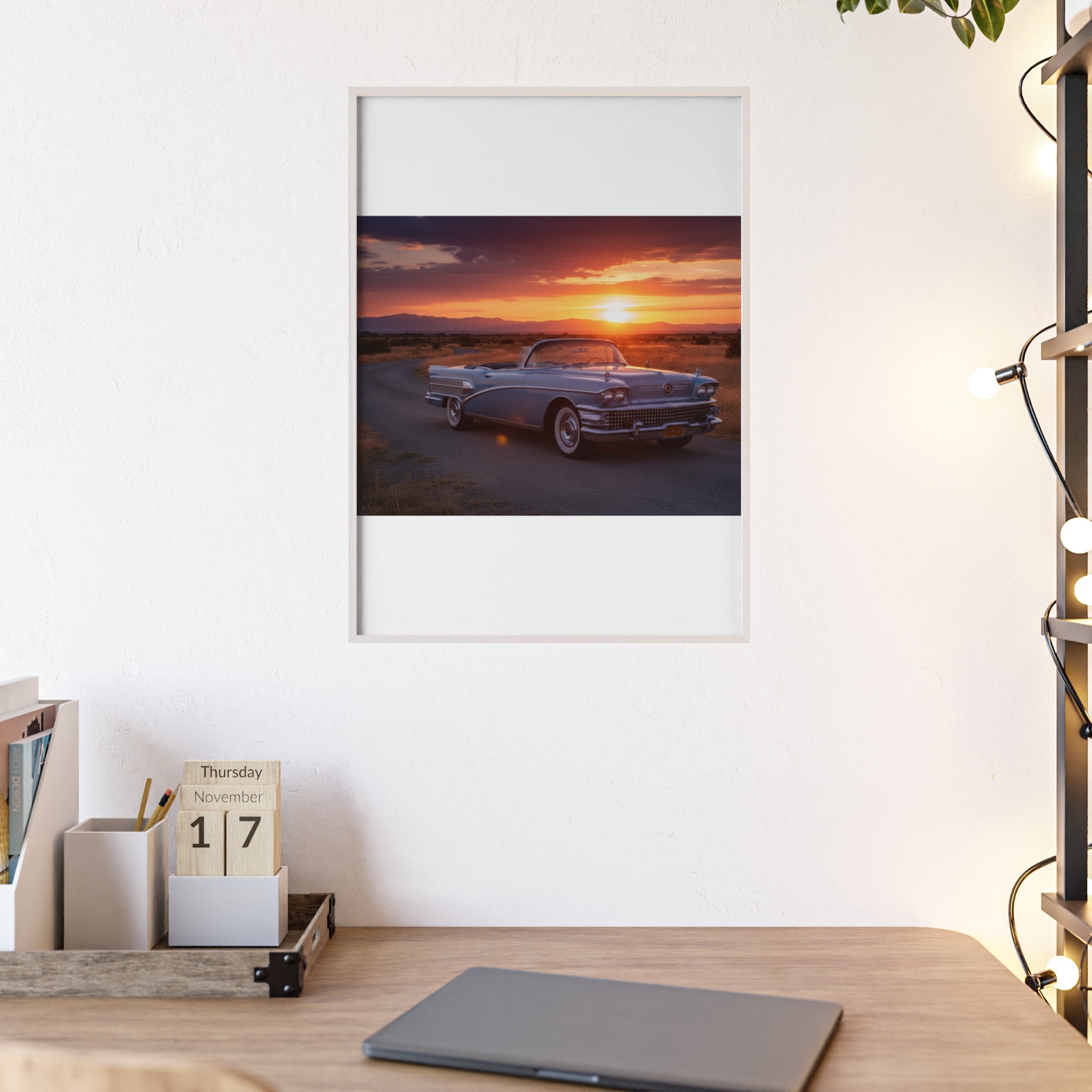 Vintage Convertible Sunset Poster with Wooden Frame