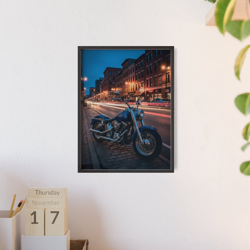 Framed Motorcycle Poster — Night City Street Bike Wall Art