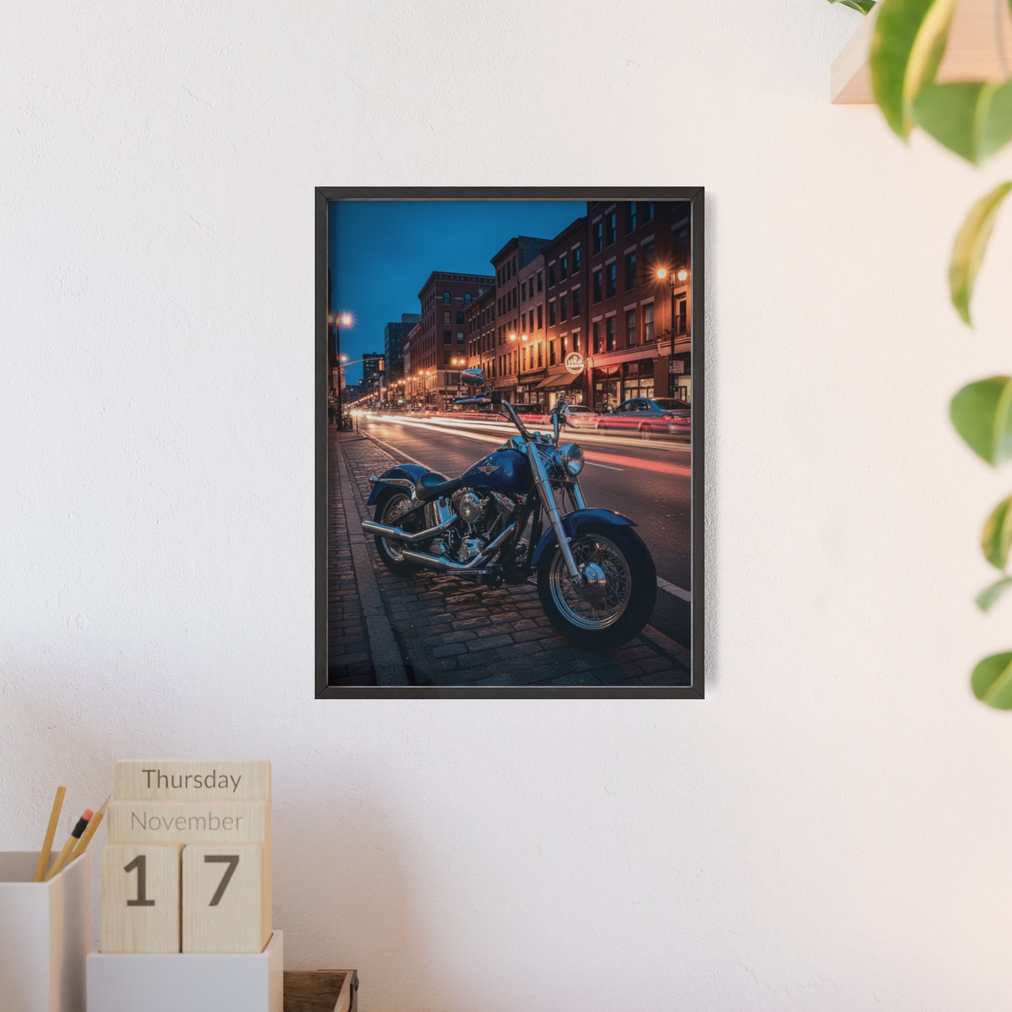 Framed Motorcycle Poster — Night City Street Bike Wall Art