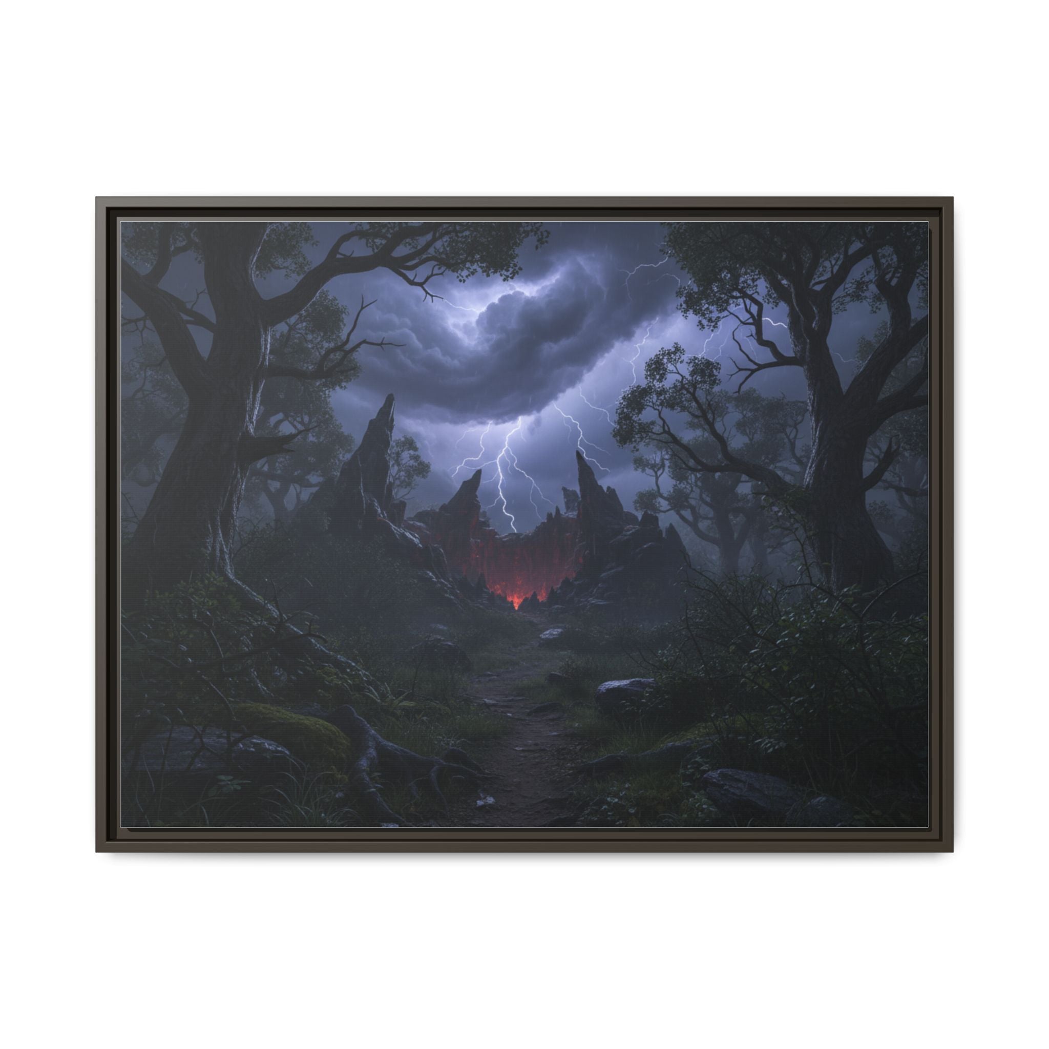 Dark Storm Forest Framed Canvas Print — Lightning, Haunted Castle Art