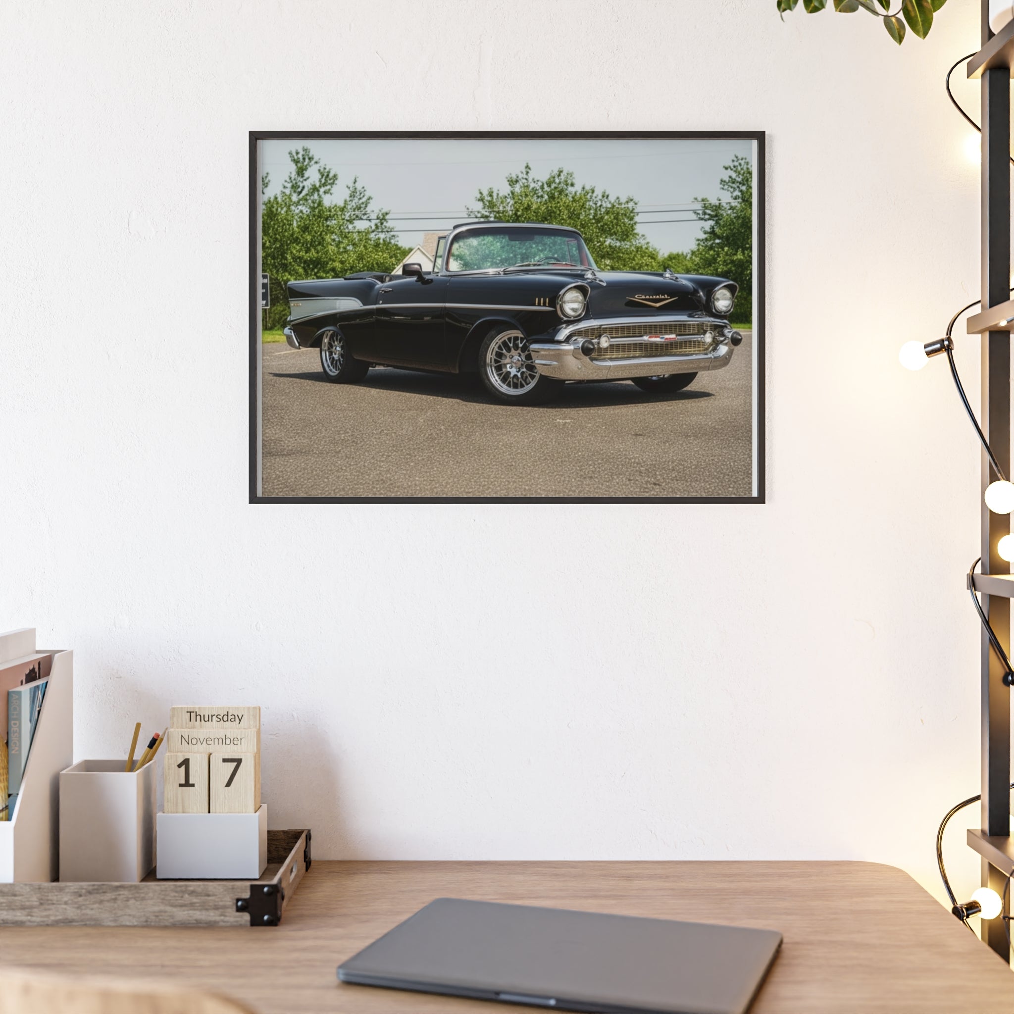 Classic Black 1957 Chevy Poster with Wooden Frame — Vintage Car Wall Art