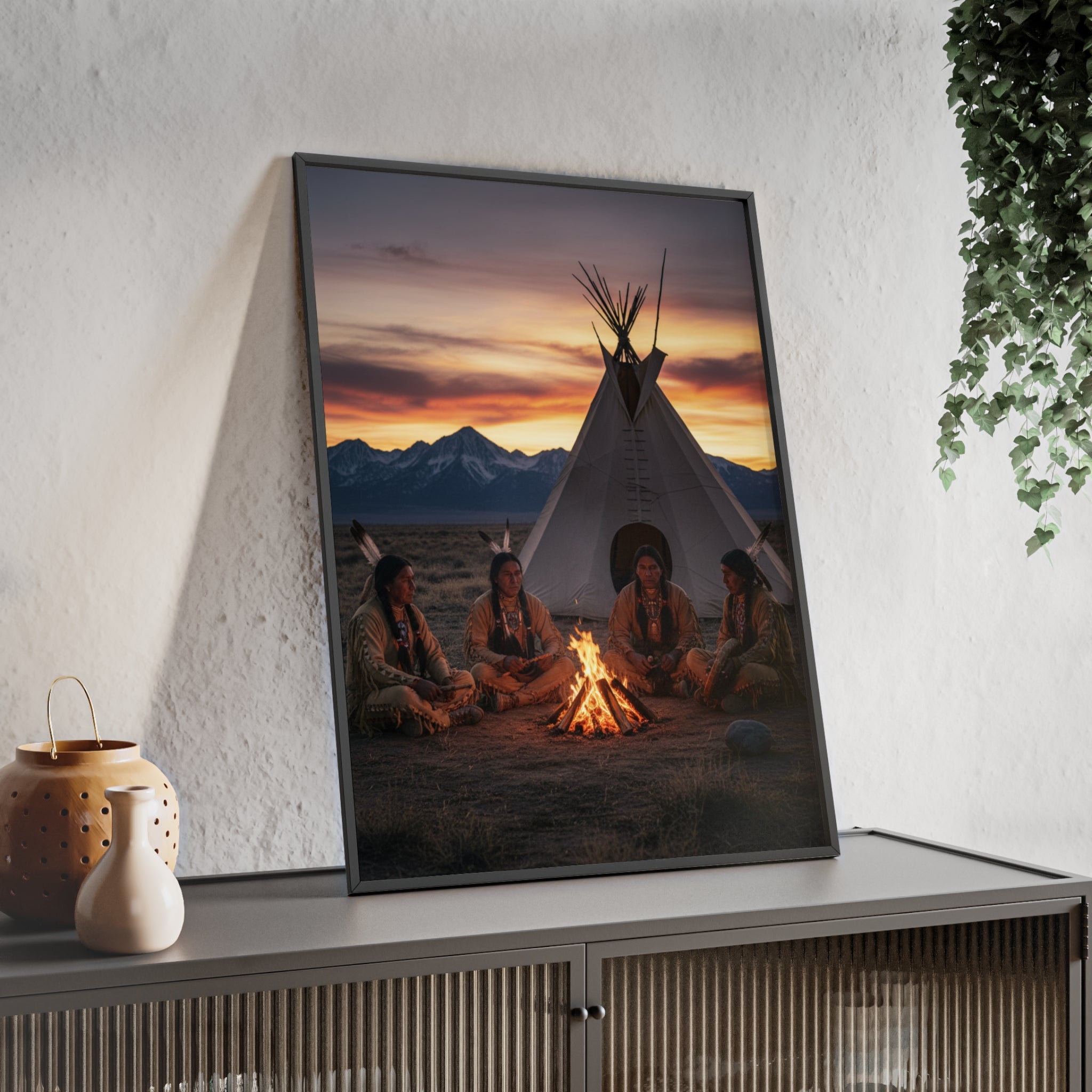 Framed Campfire Teepee Poster — Native Gathering Wall Art