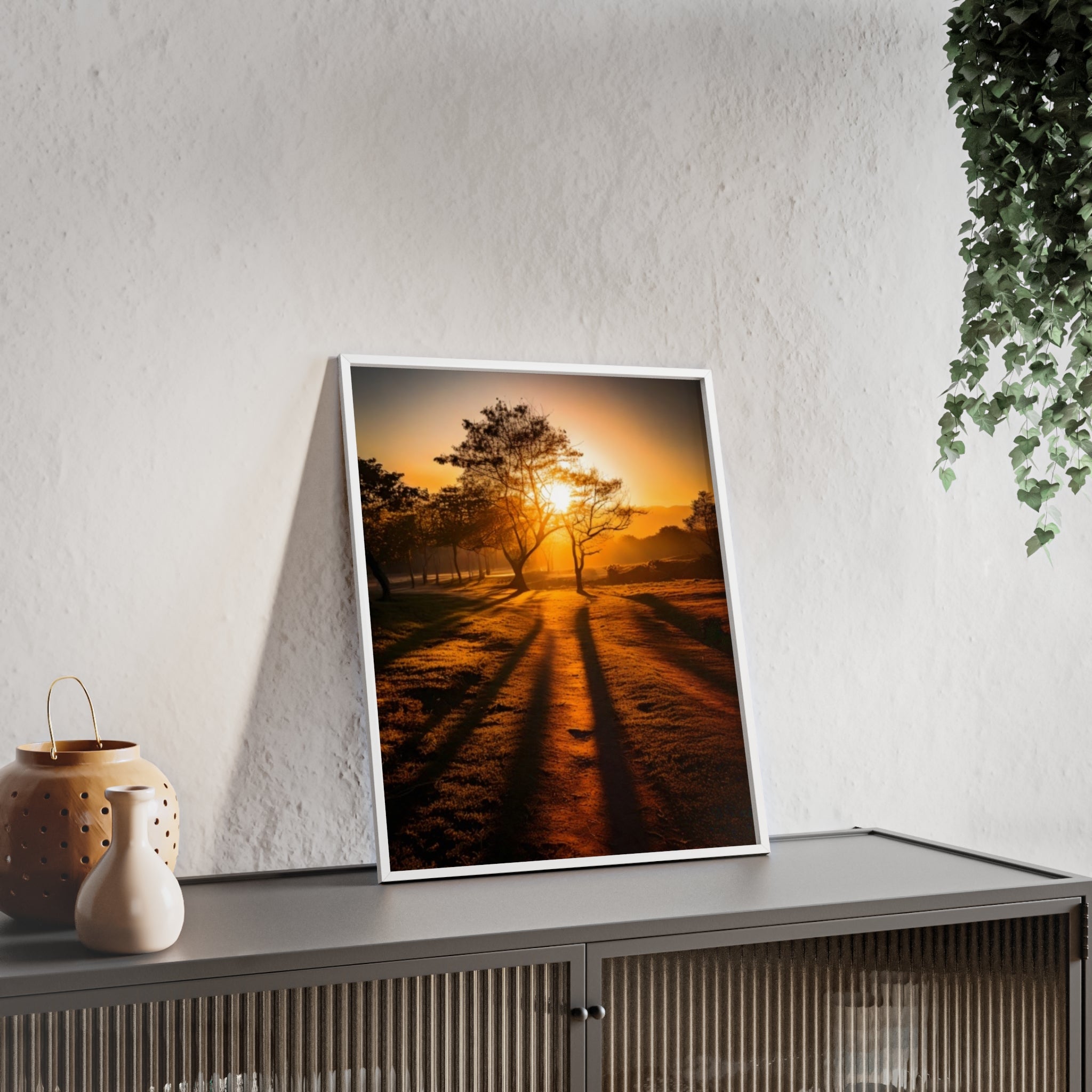 Sunrise Forest Poster — Framed Wooden Wall Art (Sunlit Trees)