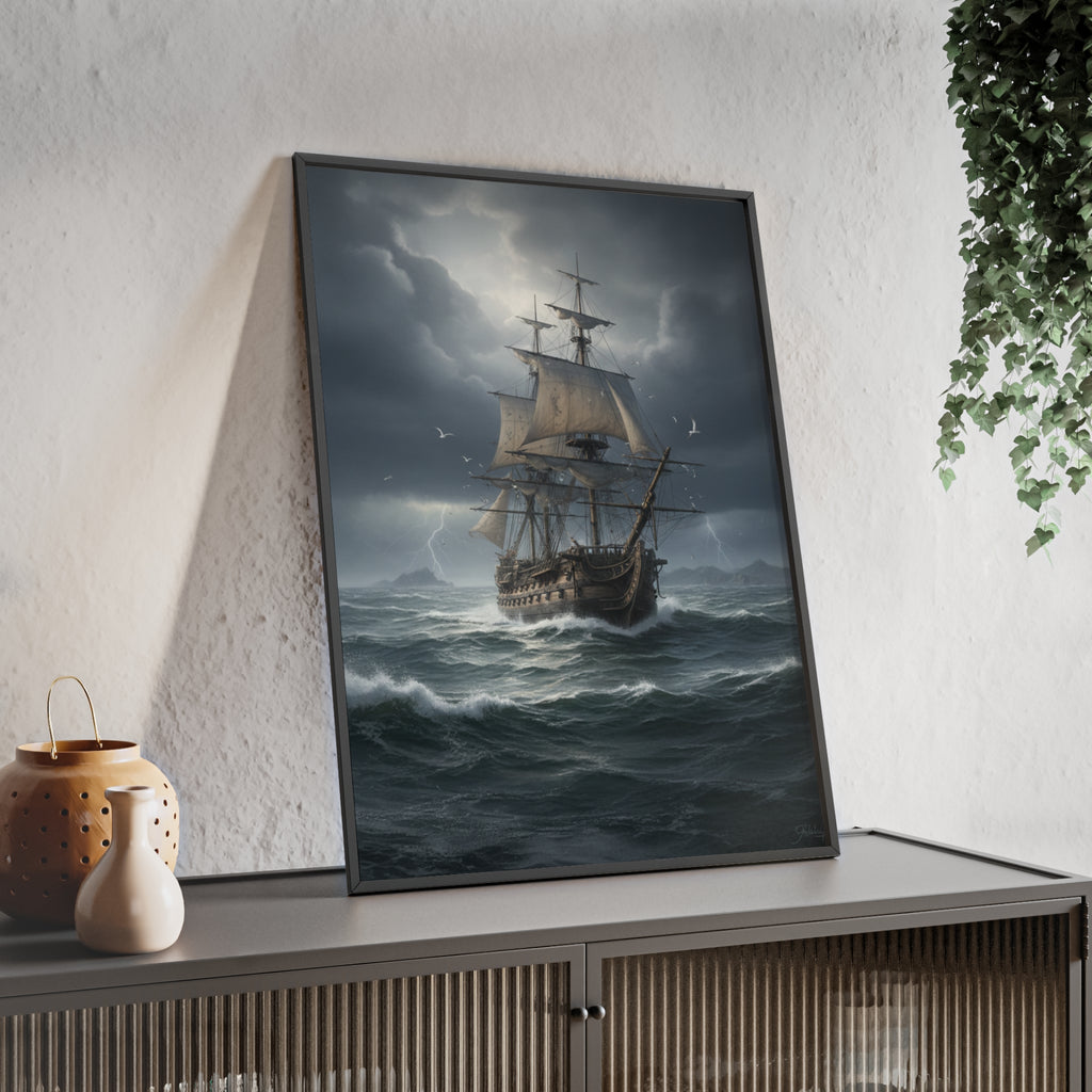 Framed Stormy Sea Ship Poster — Nautical Wall Art with Wooden Frame