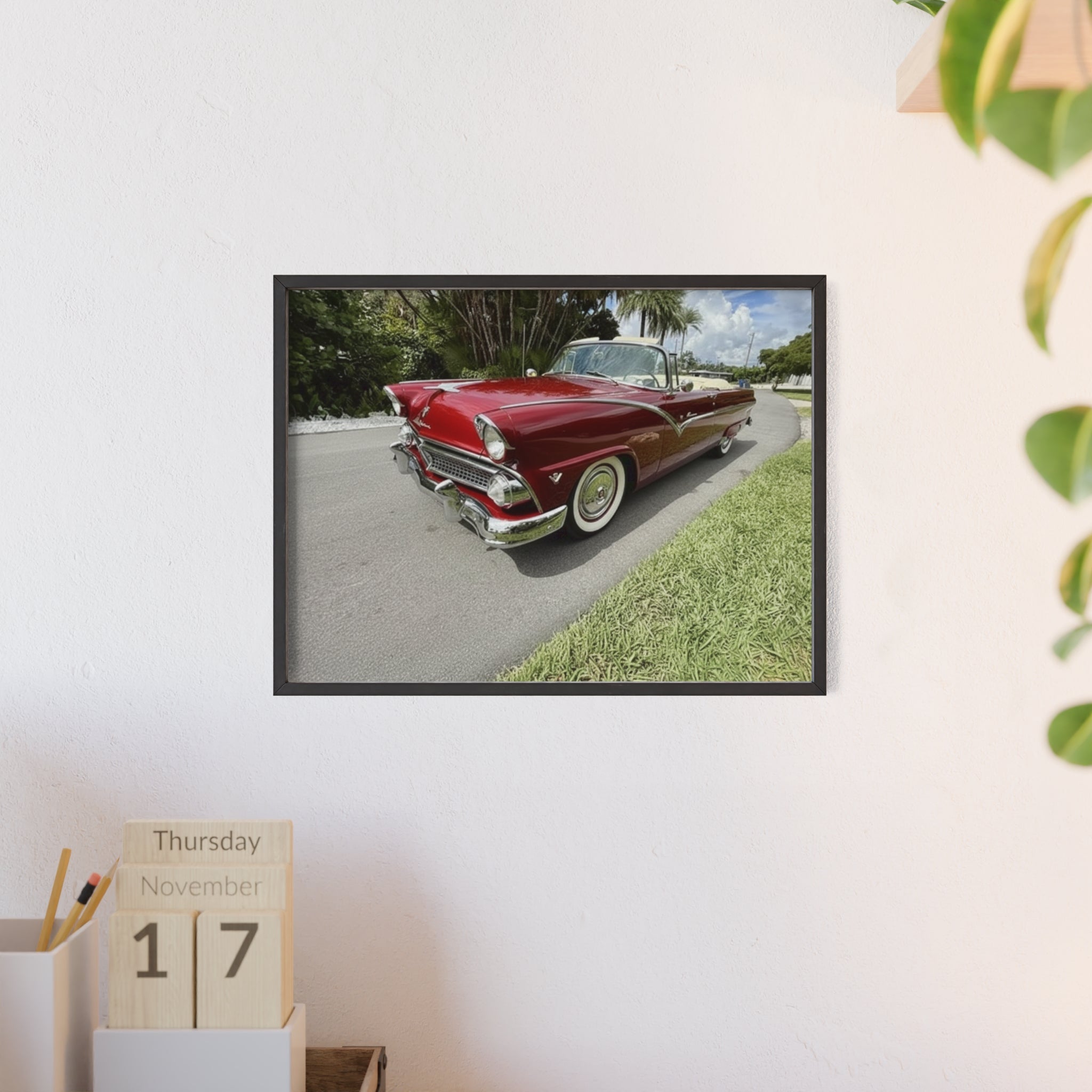 Vintage Red Convertible Poster with Wooden Frame — Classic Car Wall Art