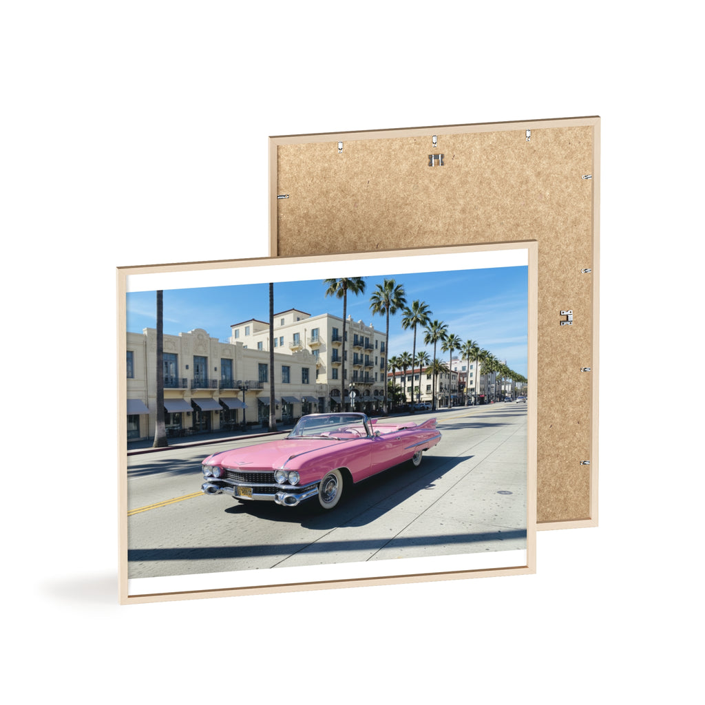 Retro Pink Cadillac Poster with Wooden Frame — Vintage Palm-Drive Wall Art