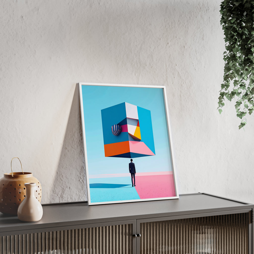 Surreal Geometric Art Poster with Wooden Frame — Modern Minimal Wall Decor