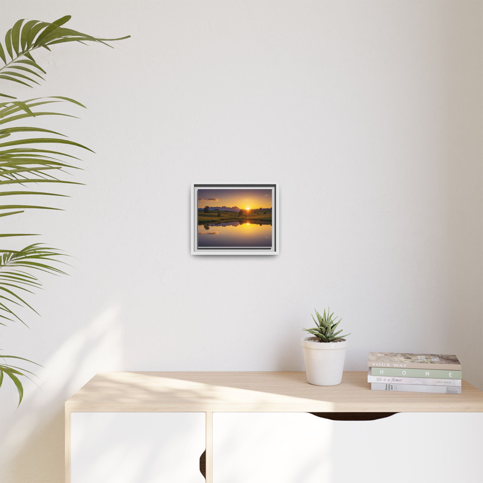 Framed Matte Canvas Sunset Landscape — Serene Lake Reflection Wall Art
