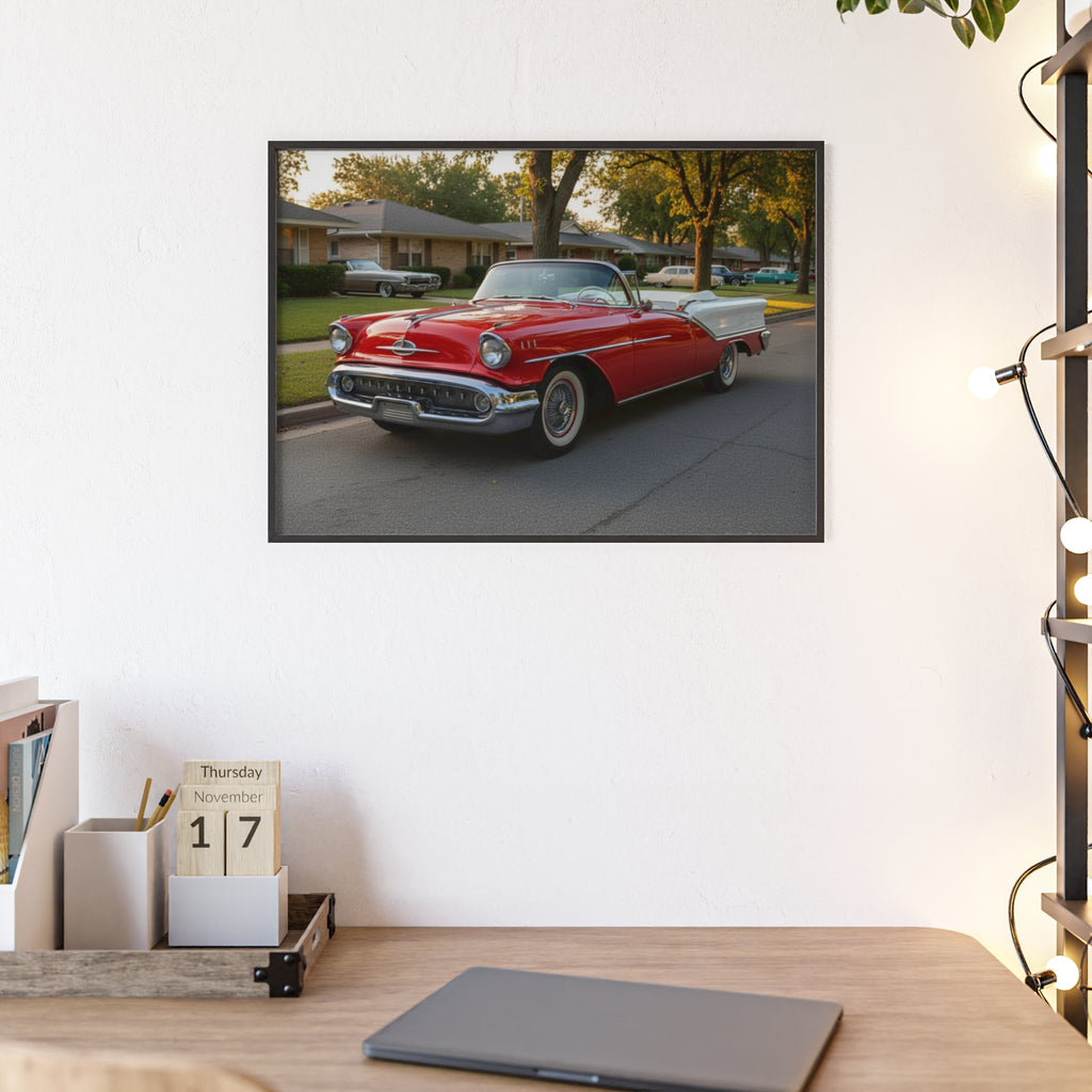 Vintage Red Convertible Poster with Wooden Frame — Classic Car Wall Art