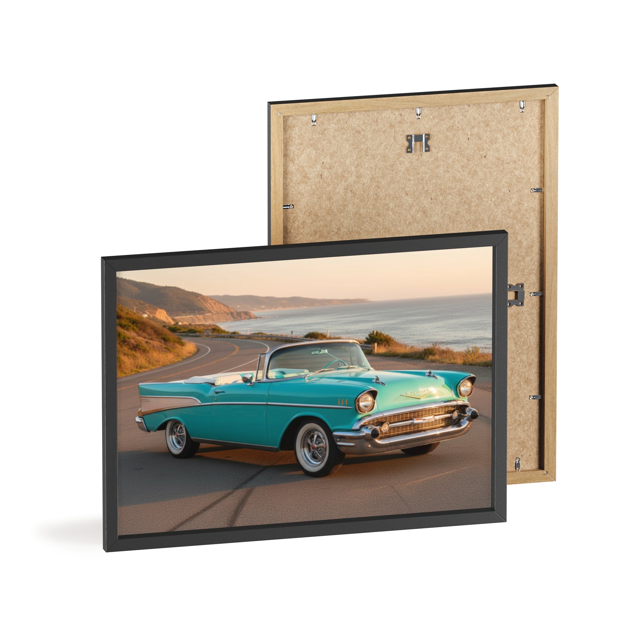 Vintage Teal Classic Car Poster with Wooden Frame — Coastal Road Print