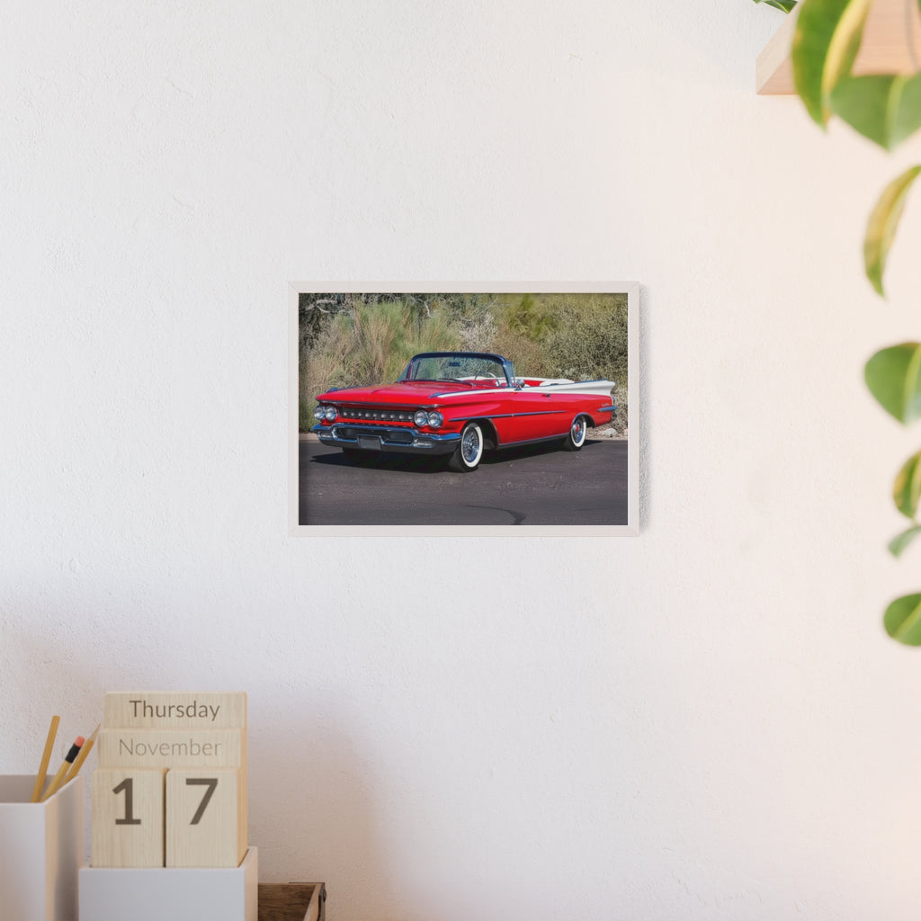 Vintage Red Convertible Car Poster with Wooden Frame — Classic Auto Wall Art