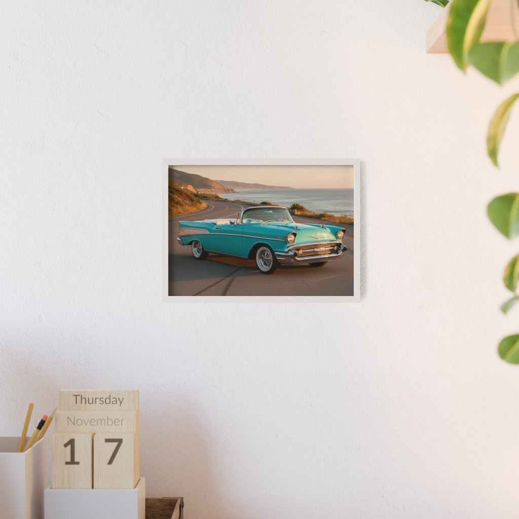 Vintage Teal Classic Car Poster with Wooden Frame — Coastal Road Print