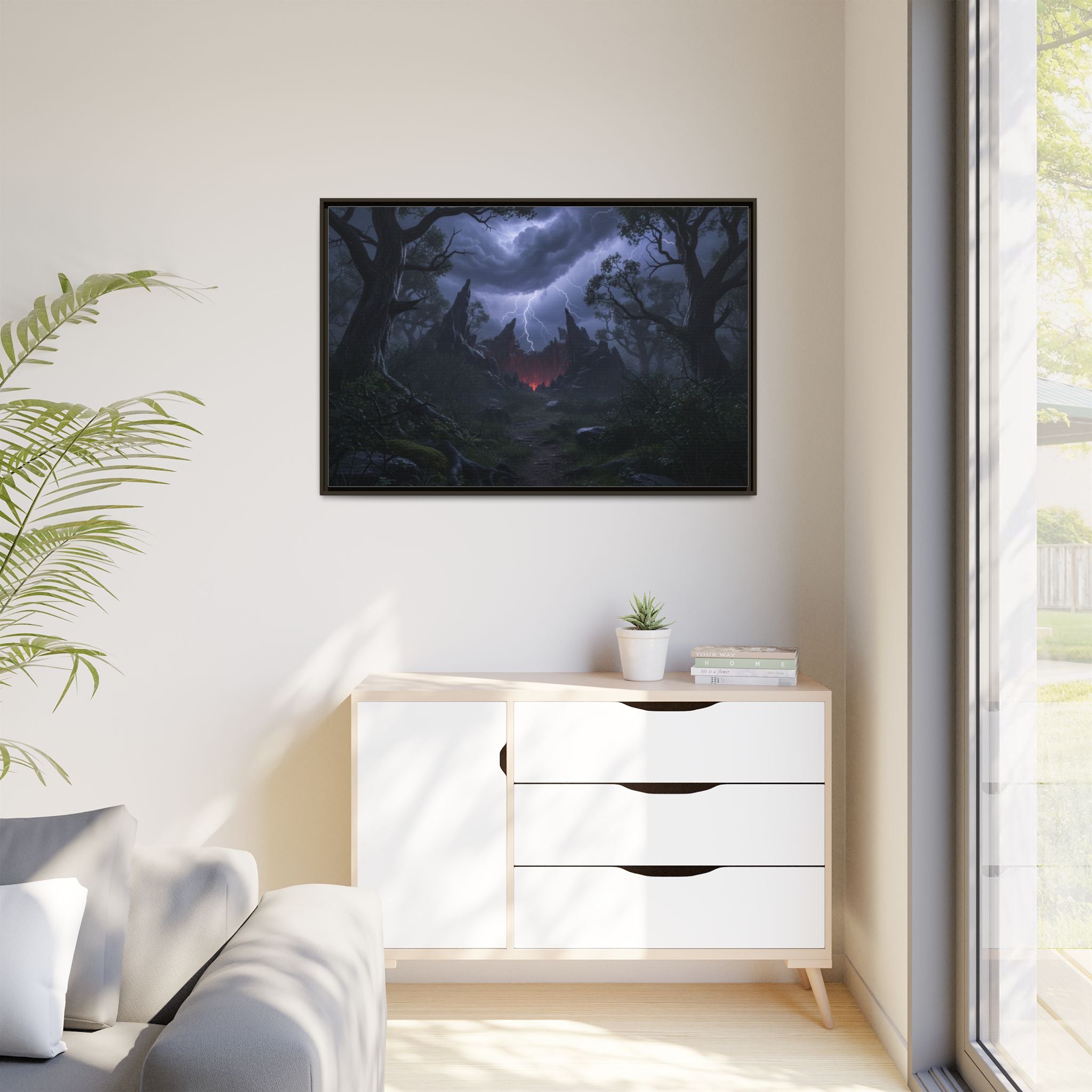 Dark Storm Forest Framed Canvas Print — Lightning, Haunted Castle Art