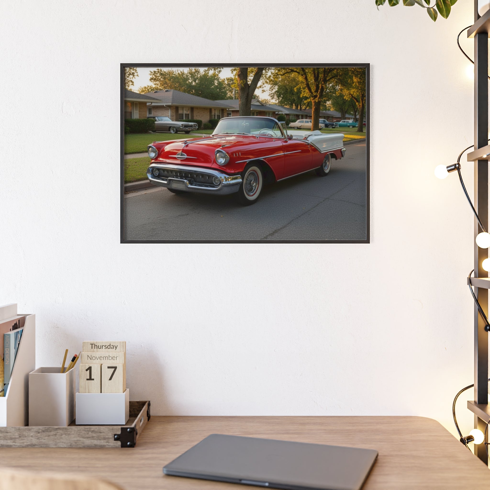 Vintage Red Convertible Poster with Wooden Frame — Classic Car Wall Art