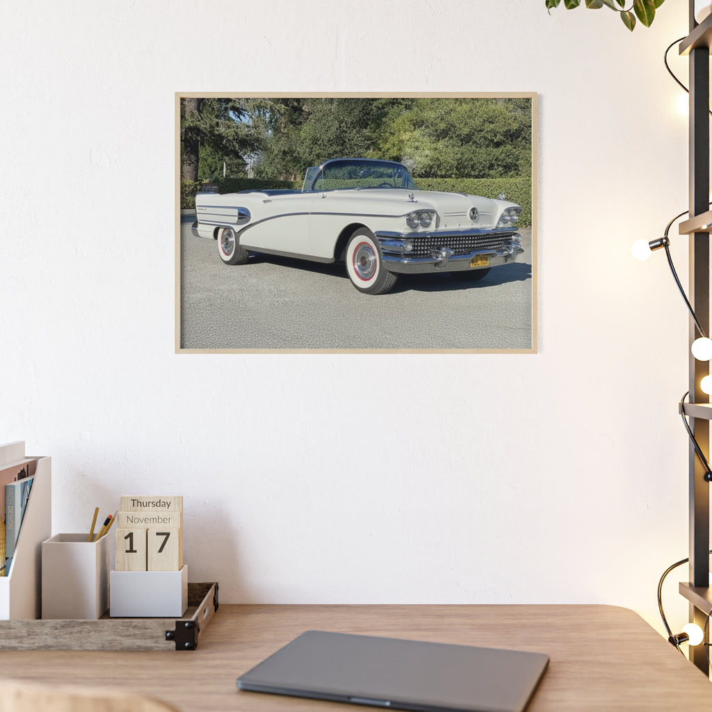 Classic White Convertible Car Poster with Wooden Frame — Vintage Auto Wall Art