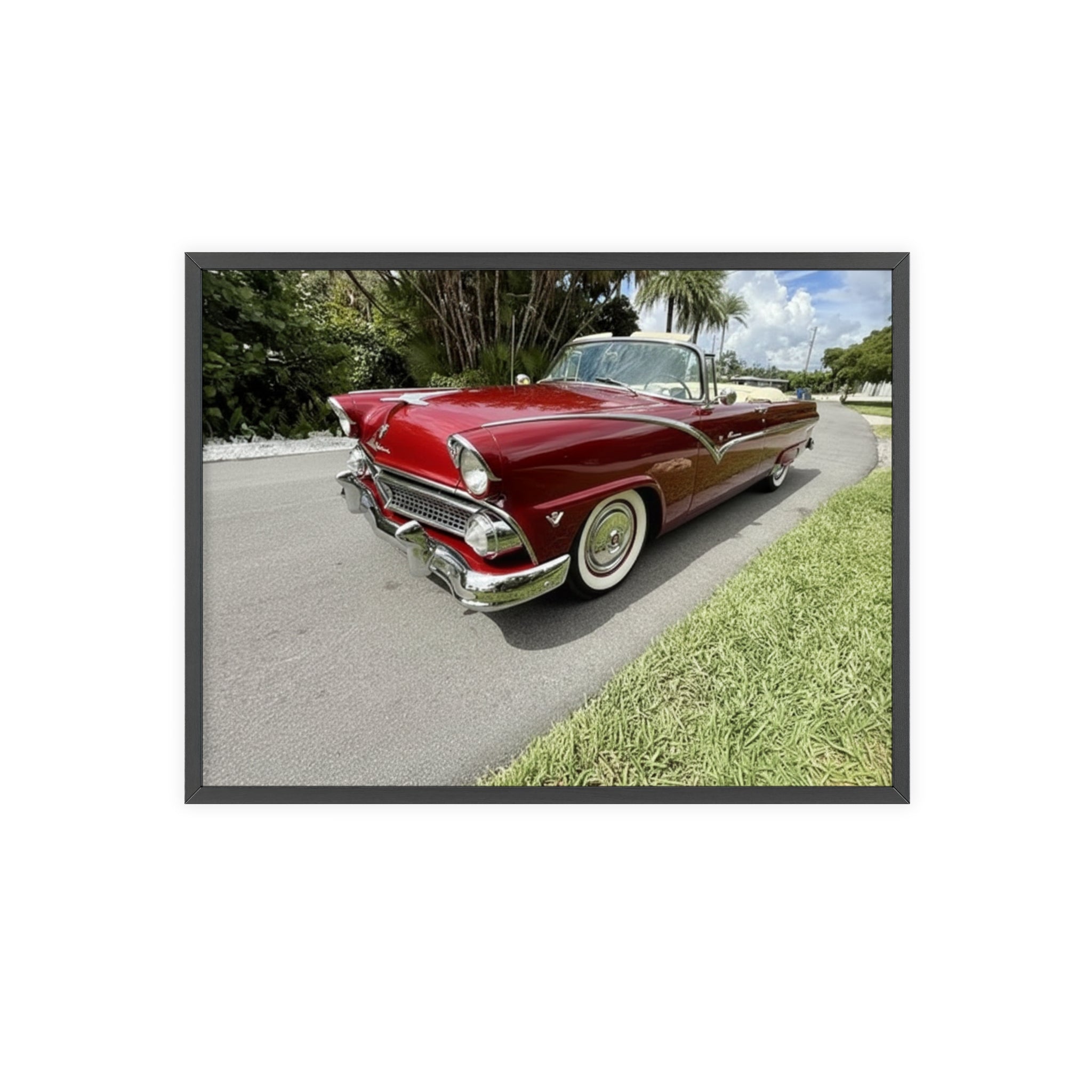Vintage Red Convertible Poster with Wooden Frame — Classic Car Wall Art