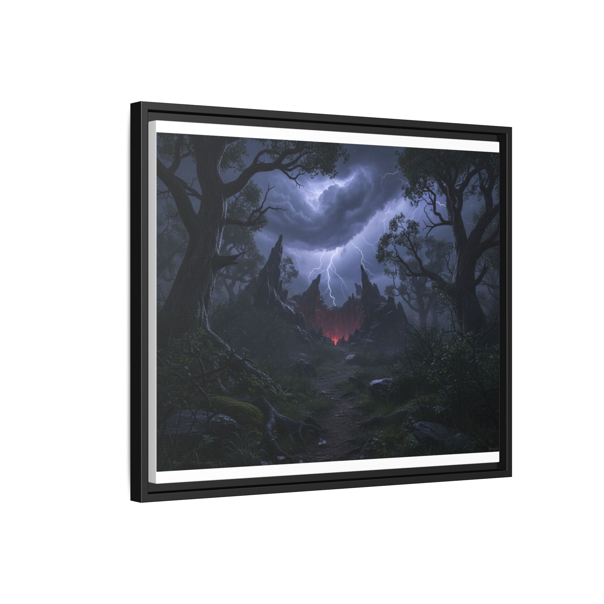 Dark Storm Forest Framed Canvas Print — Lightning, Haunted Castle Art