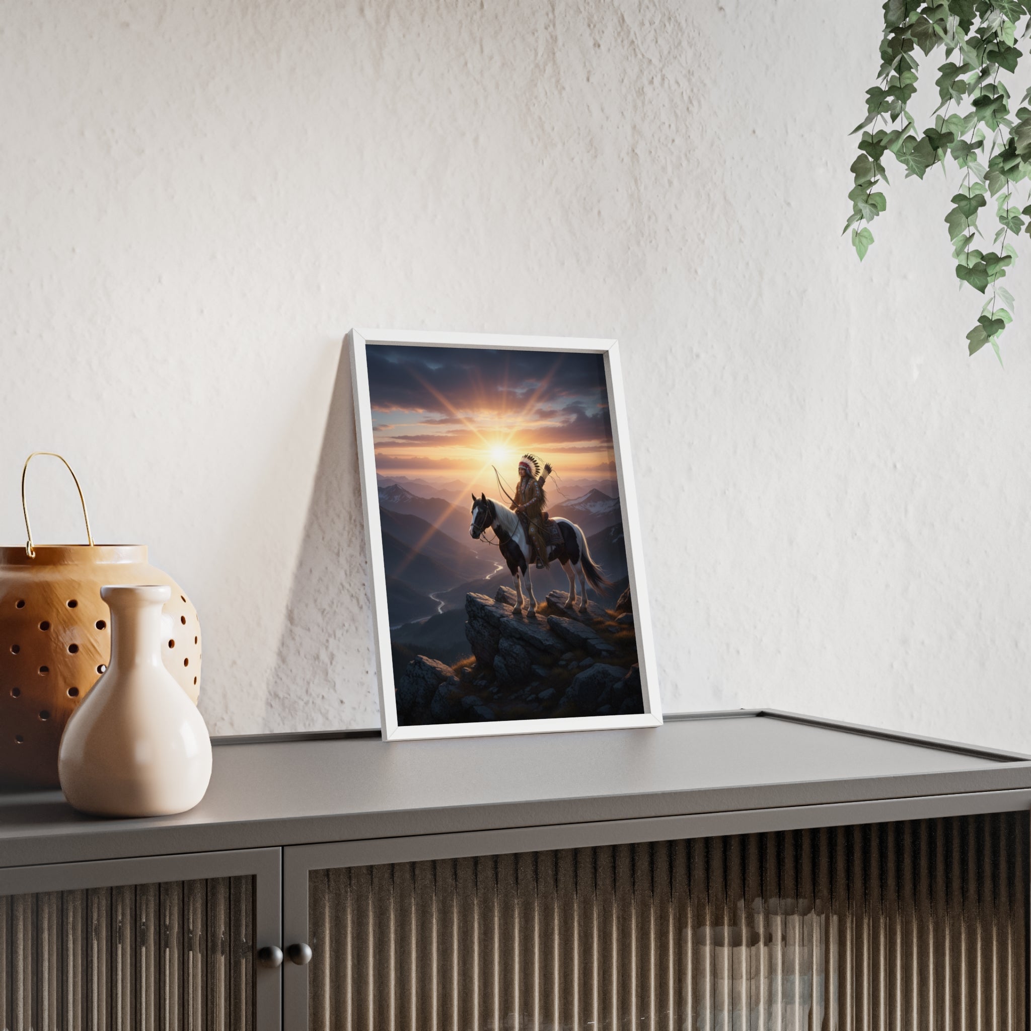 Native American Warrior on Horse Framed Poster — Scenic Sunrise Wall Art