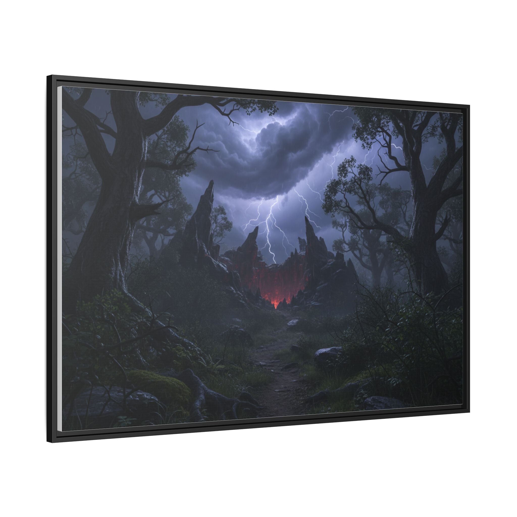 Dark Storm Forest Framed Canvas Print — Lightning, Haunted Castle Art