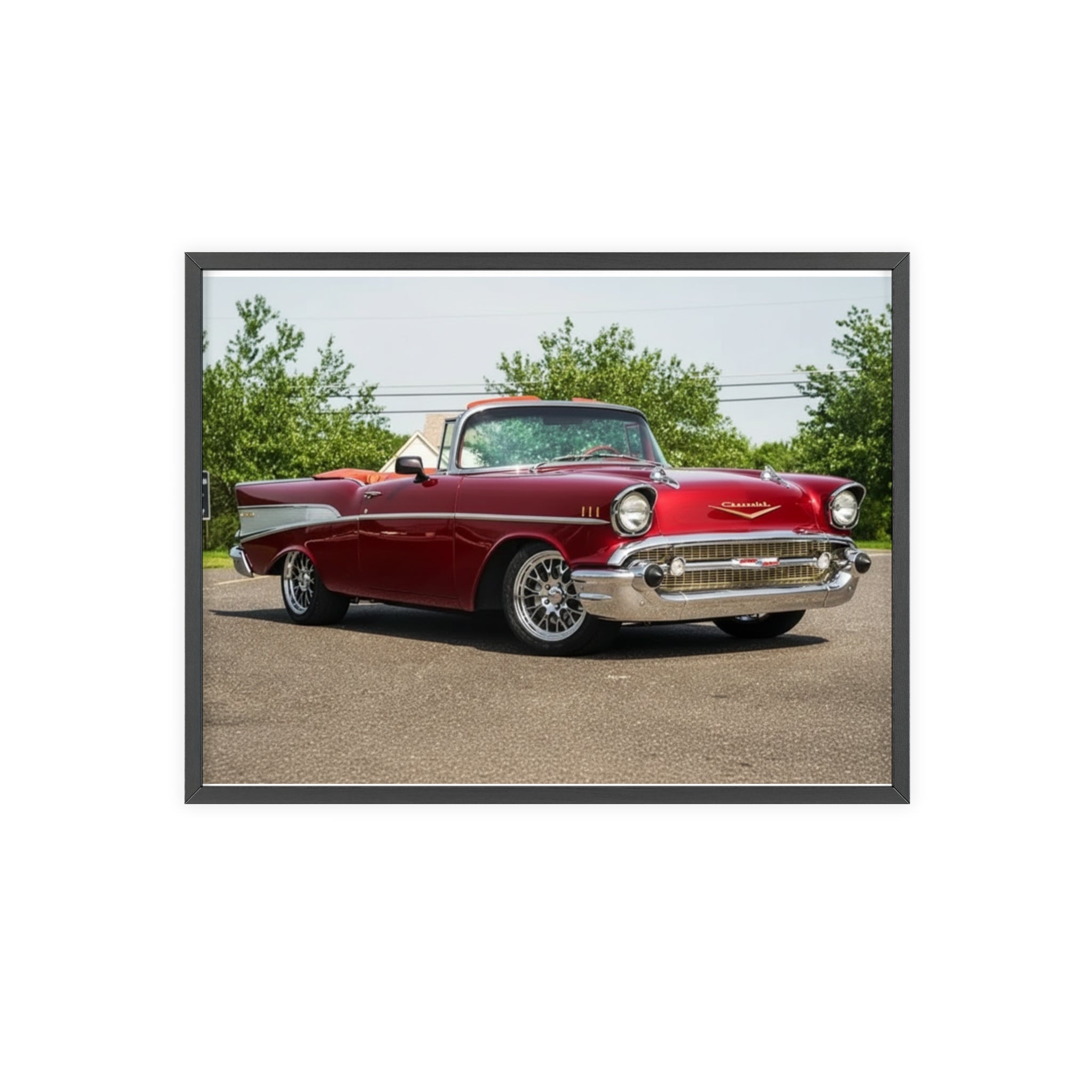Classic Red Chevy Poster with Wooden Frame — Vintage Car Wall Art for Garage, Man Cave, Auto Enthusiasts