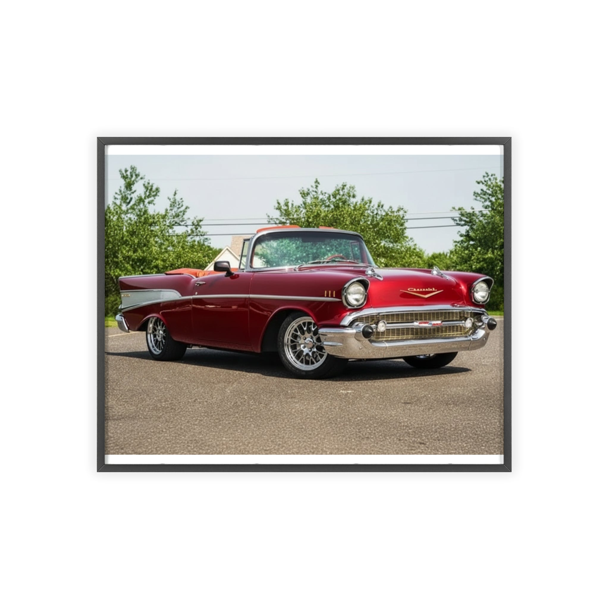Vintage Red Classic Car Poster with Wooden Frame — Retro Automotive Wall Art