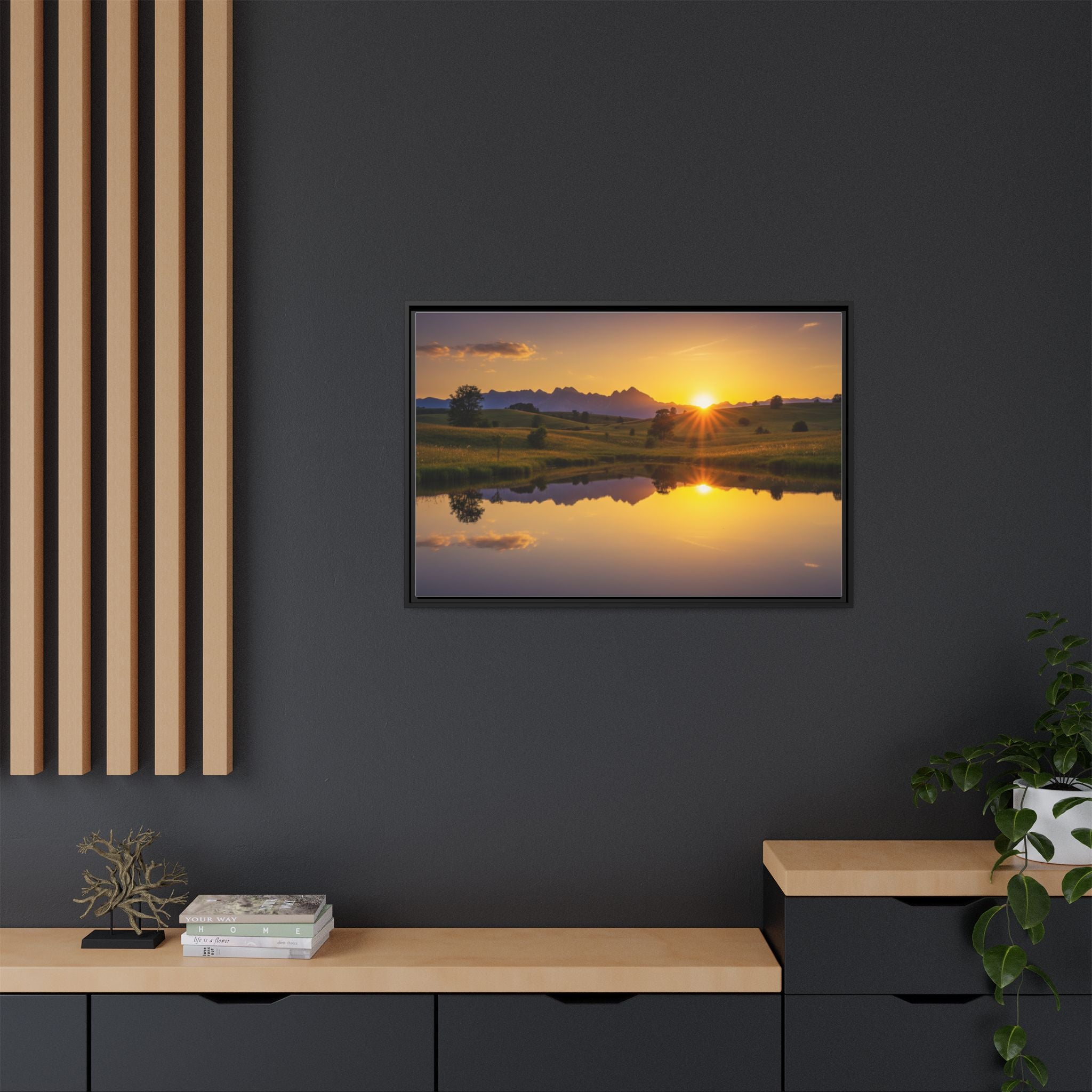 Framed Matte Canvas Sunset Landscape — Serene Lake Reflection Wall Art