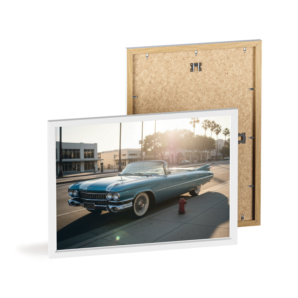 Vintage Blue Cadillac Poster with Wooden Frame – Retro Car Wall Art