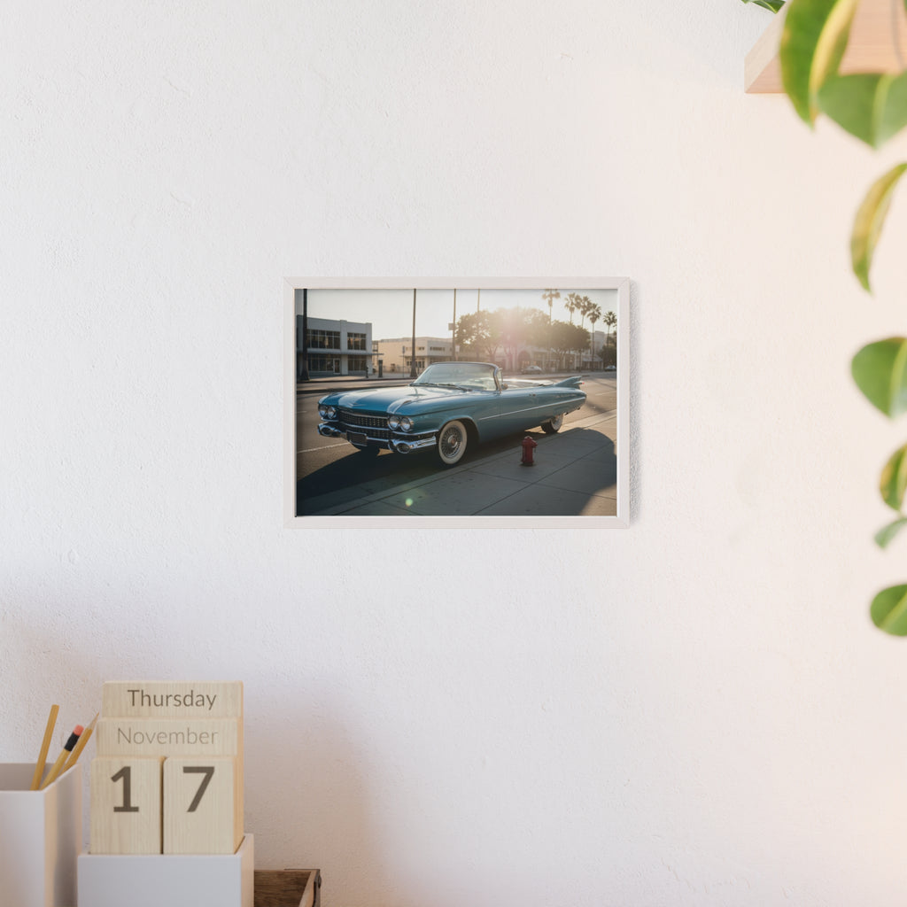 Vintage Blue Cadillac Poster with Wooden Frame – Retro Car Wall Art