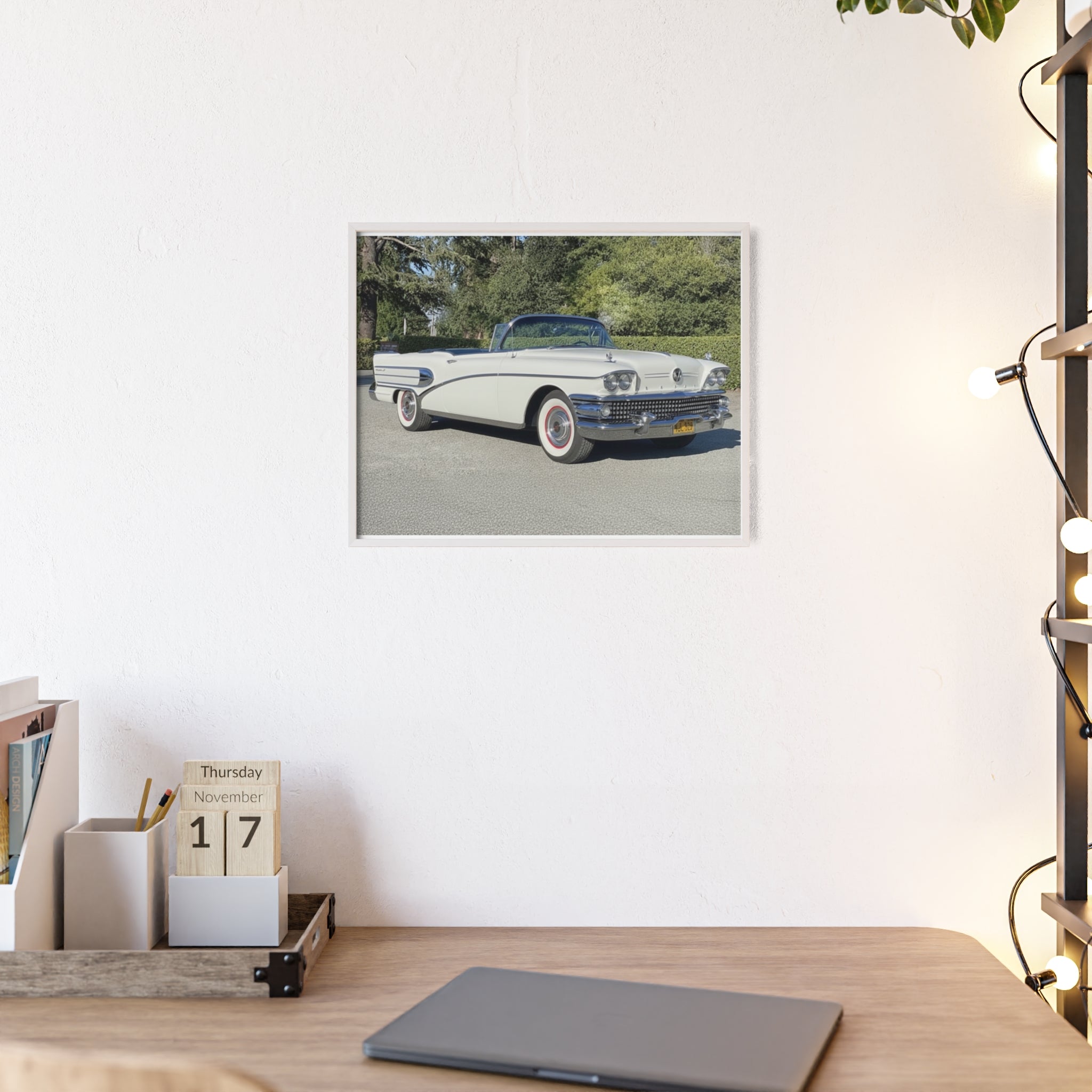 Classic White Convertible Car Poster with Wooden Frame — Vintage Auto Wall Art