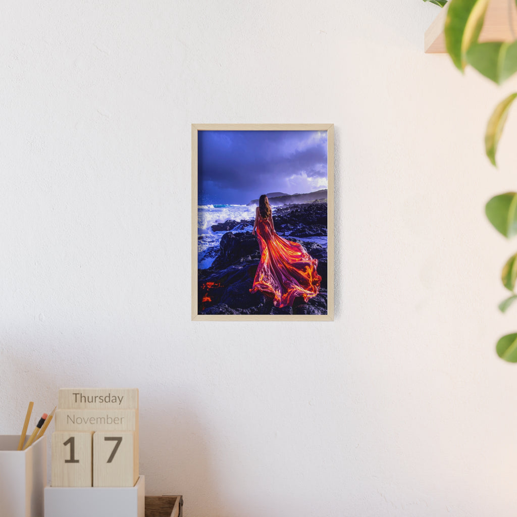 Framed Art Print — Woman in Fiery Red Dress on Rocky Shore (Wooden Frame Poster)