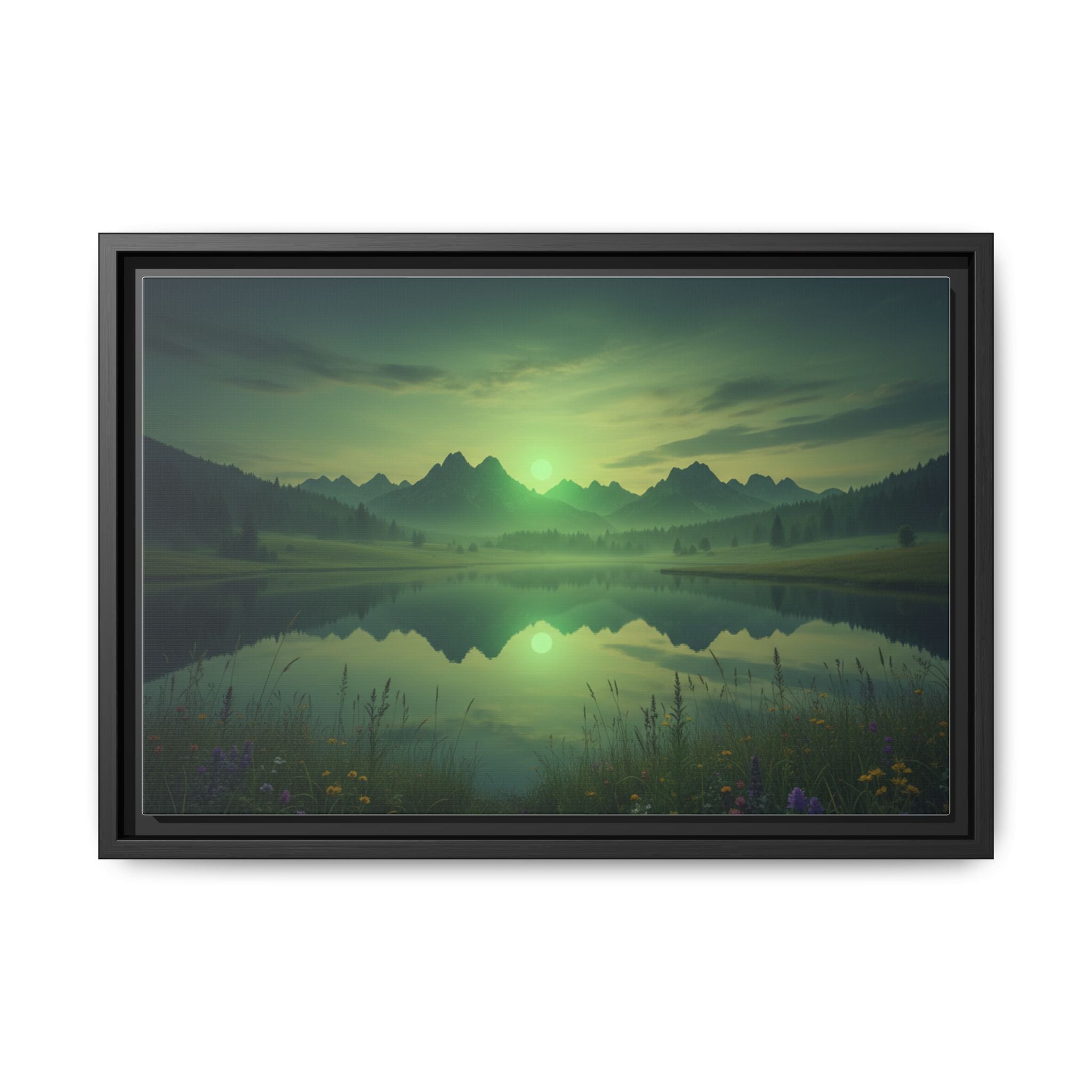 Framed Matte Canvas Print — Serene Green Mountain Lake Landscape