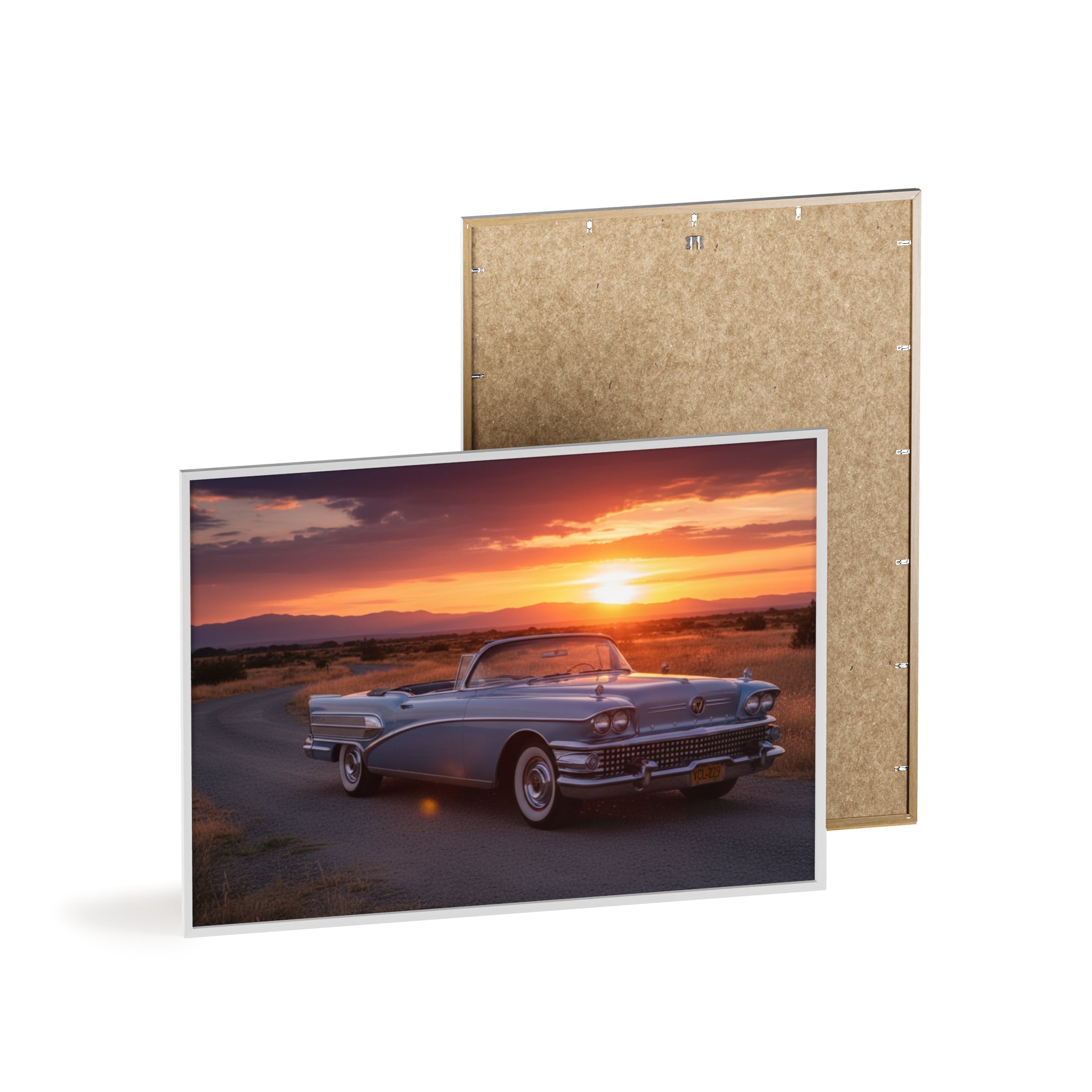 Vintage Convertible Sunset Poster with Wooden Frame