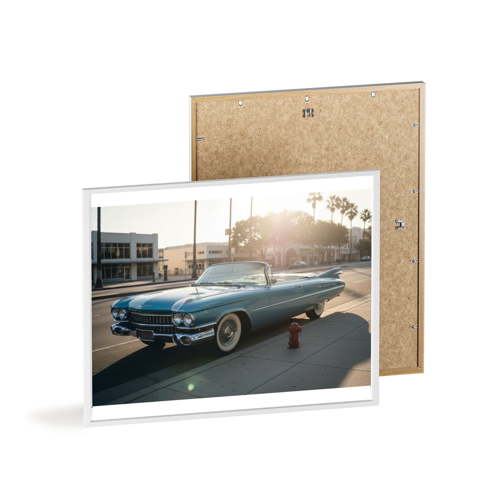 Vintage Blue Cadillac Poster with Wooden Frame – Retro Car Wall Art
