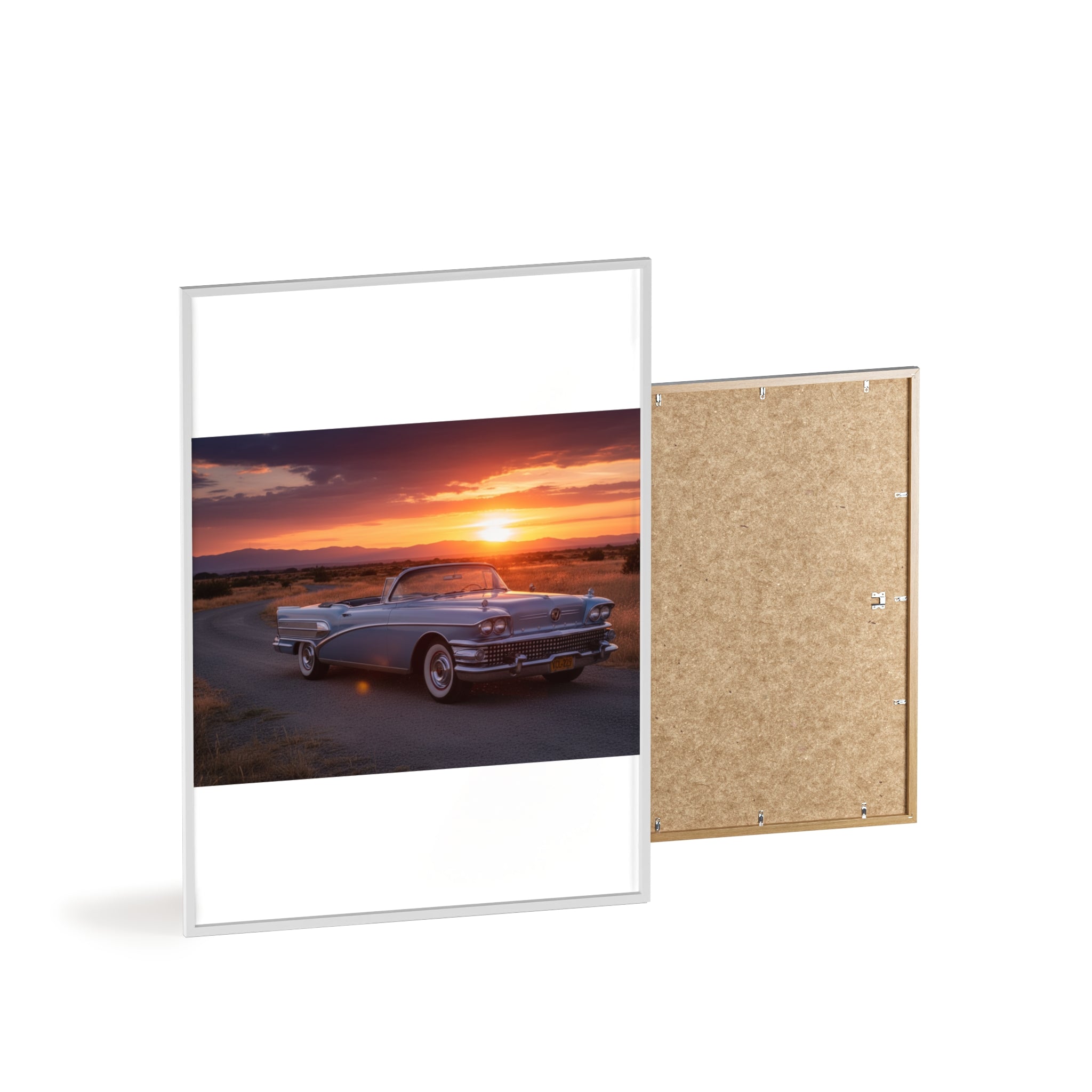 Vintage Convertible Sunset Poster with Wooden Frame