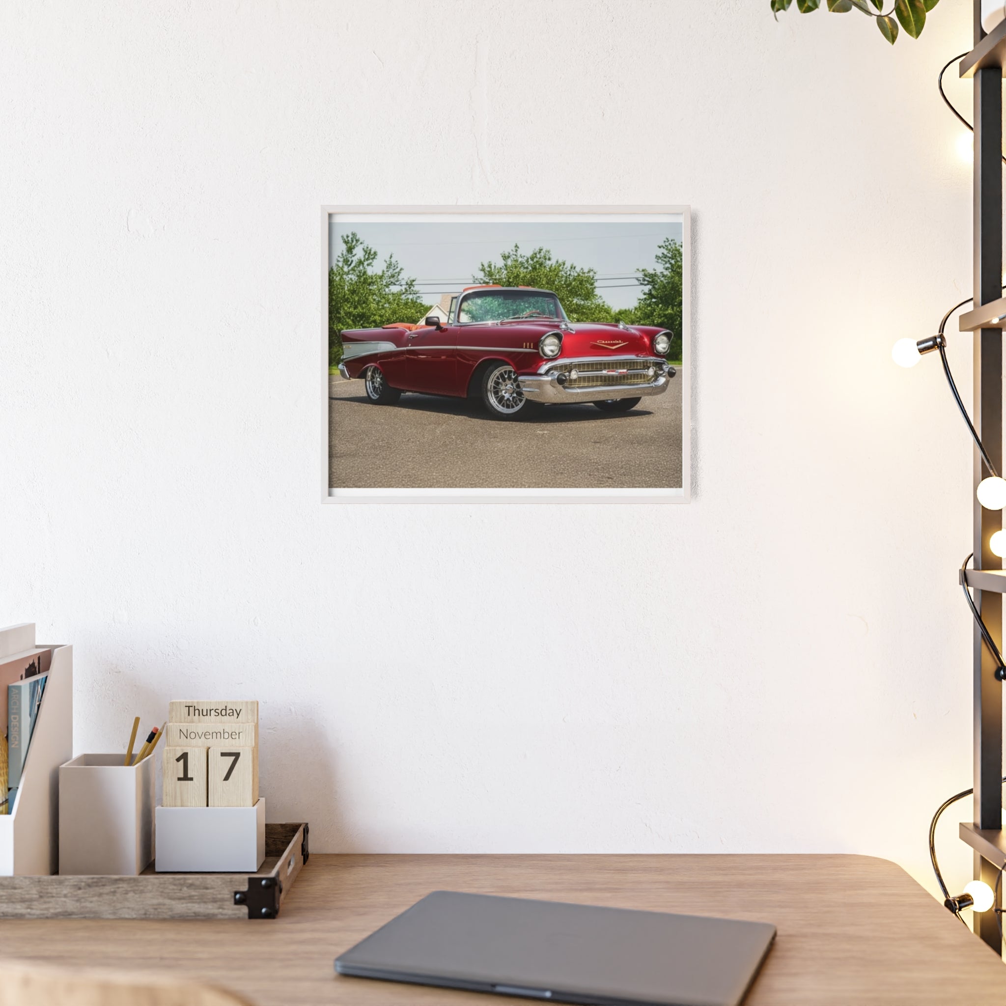 Vintage Red Classic Car Poster with Wooden Frame — Retro Automotive Wall Art