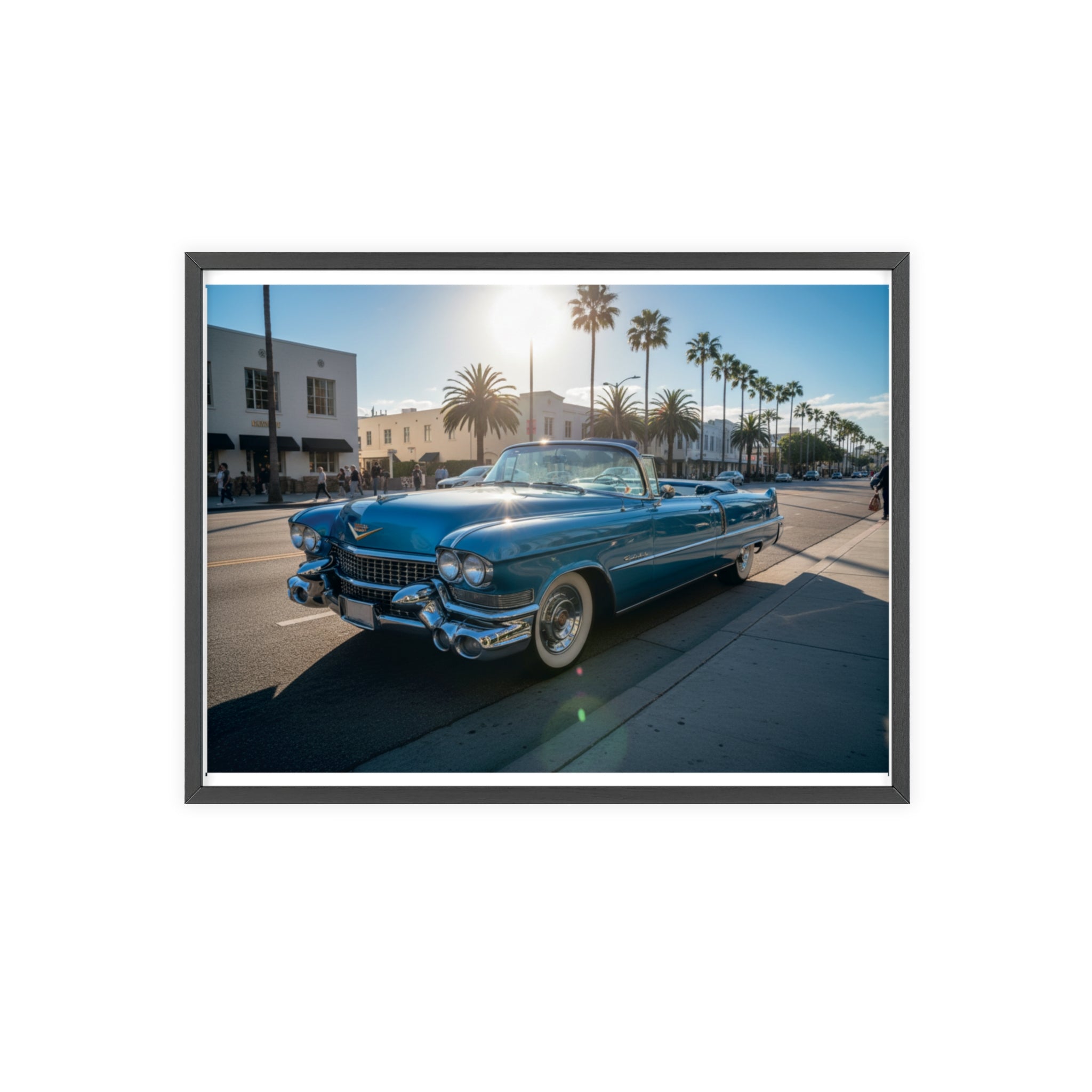 Framed Vintage Cadillac Poster – Retro Palm-Tree Coastal Car Wall Art