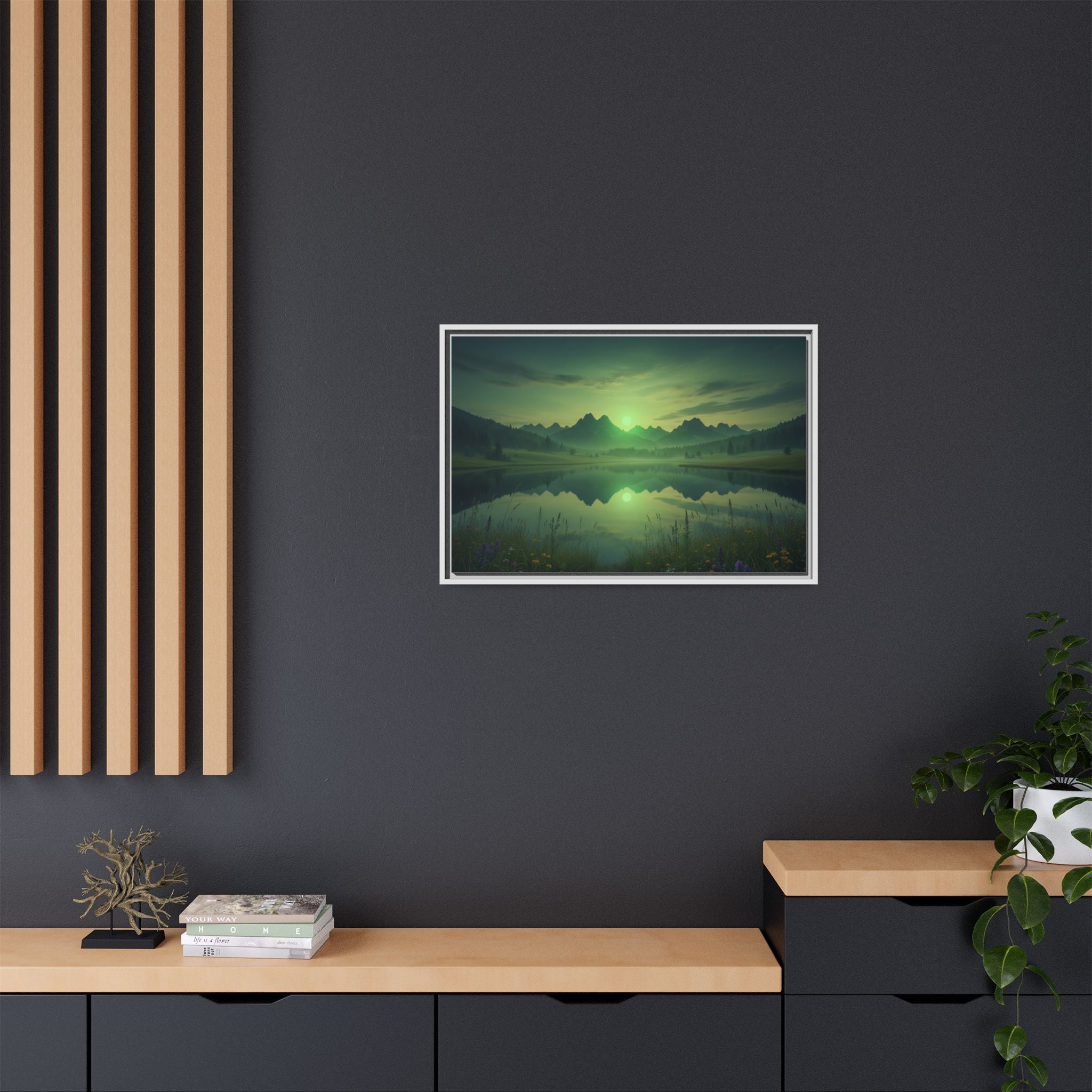 Framed Matte Canvas Print — Serene Green Mountain Lake Landscape