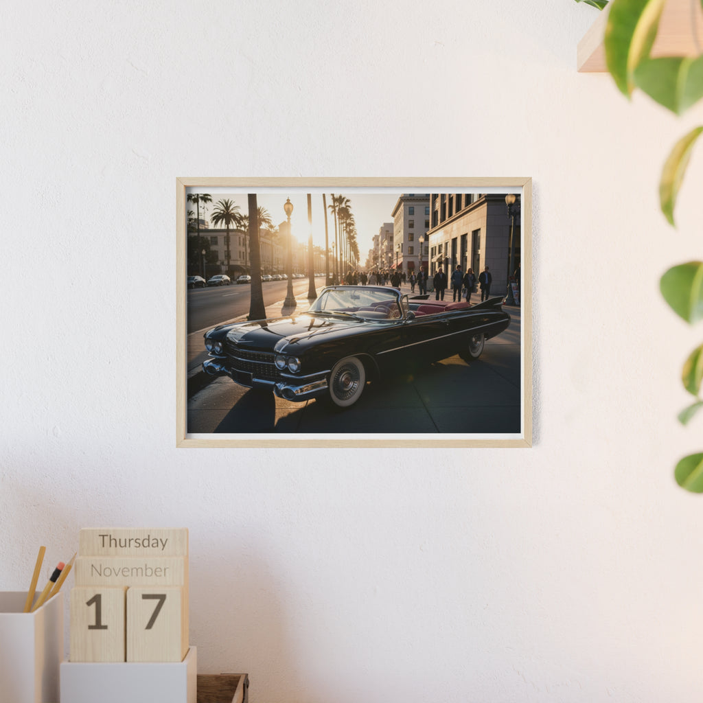 Vintage Convertible Sunset Poster with Wooden Frame