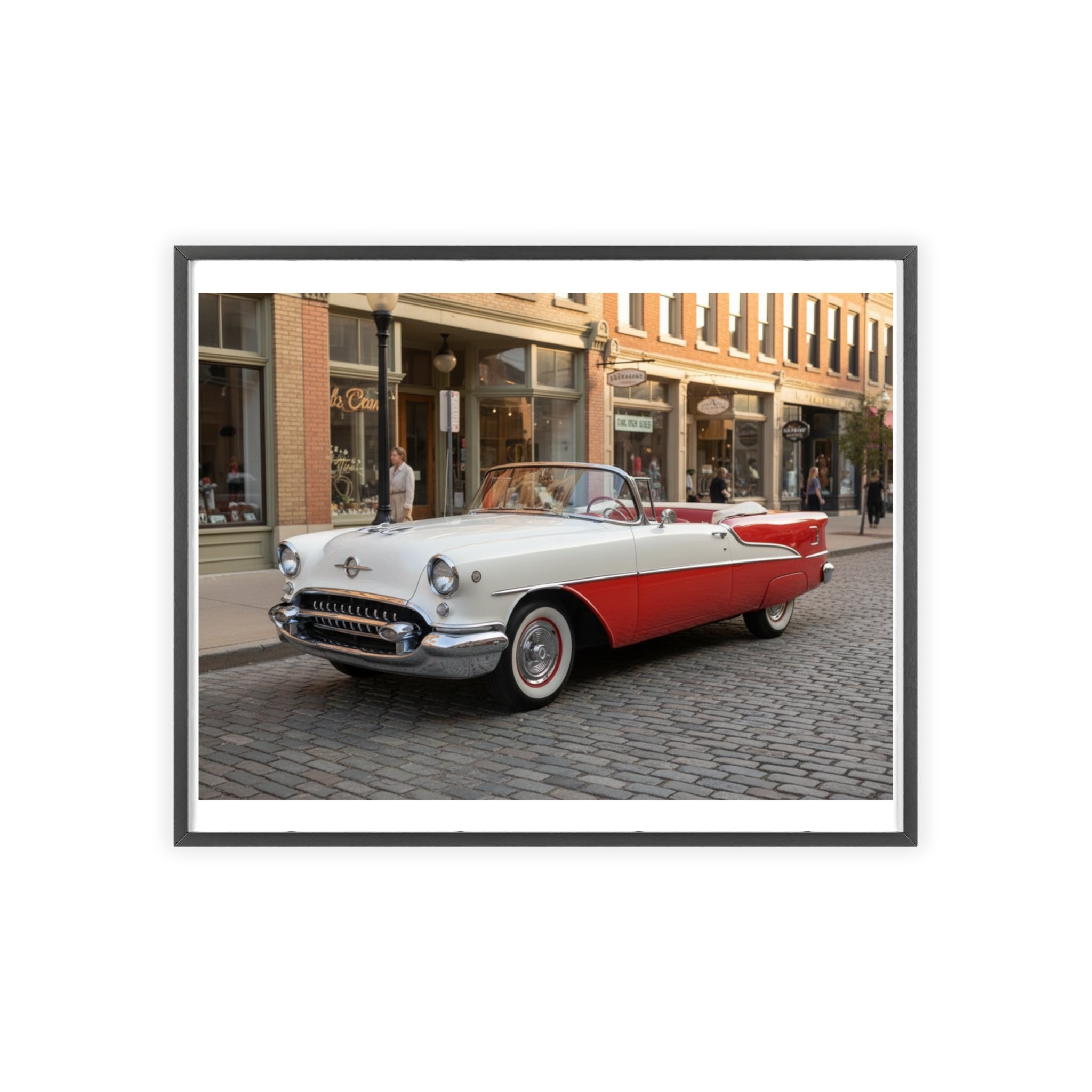 Vintage Red & White Convertible Poster with Wooden Frame — Retro Car Wall Art