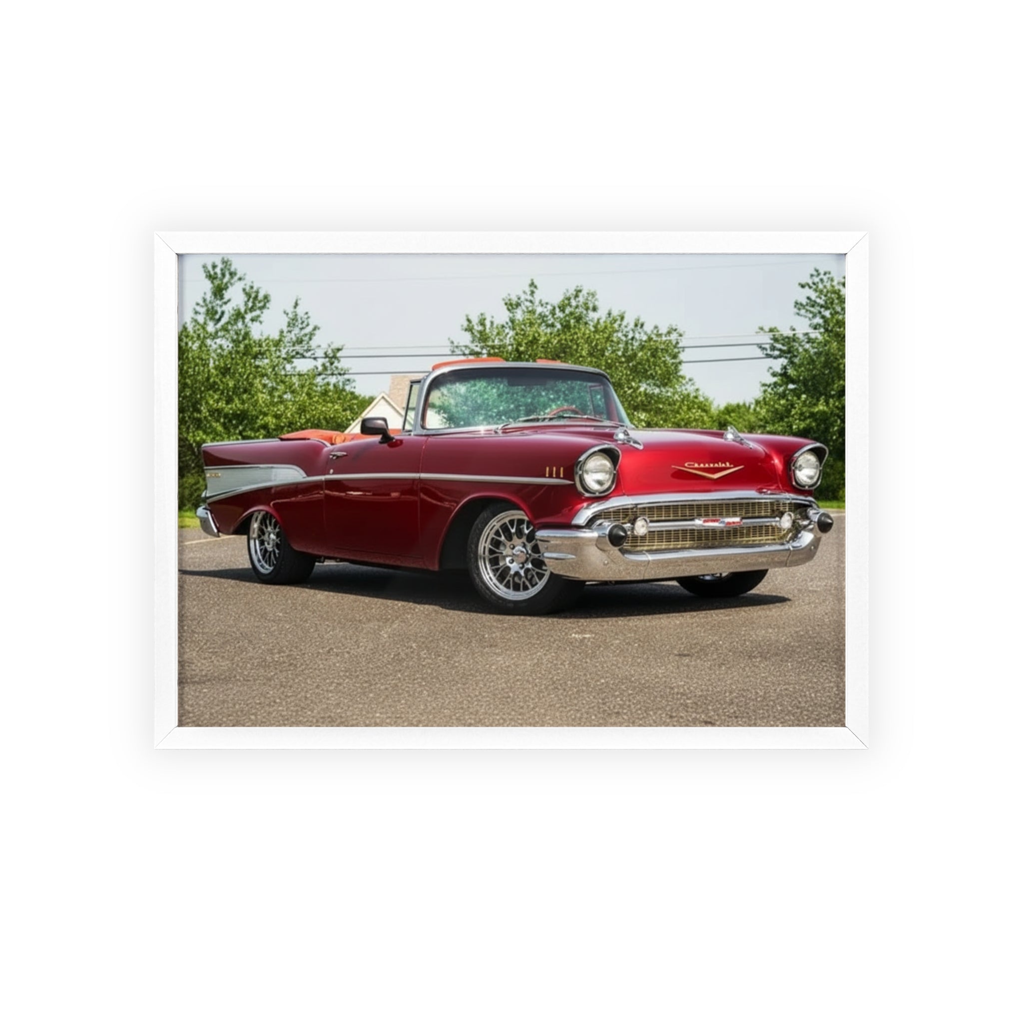 Vintage Red Classic Car Poster with Wooden Frame — Retro Automotive Wall Art