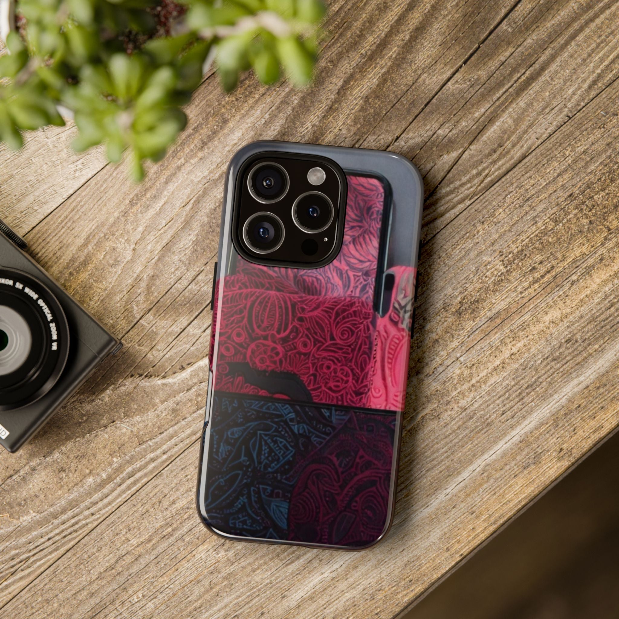 Floral Patchwork Tough Phone Case — Pink & Navy Doodle Design