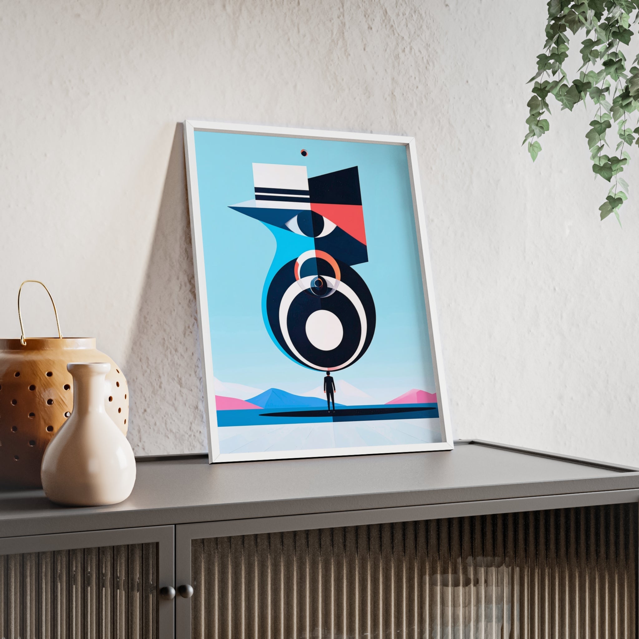 Abstract Geometric Bird Poster with Wooden Frame — Modern Minimalist Wall Art