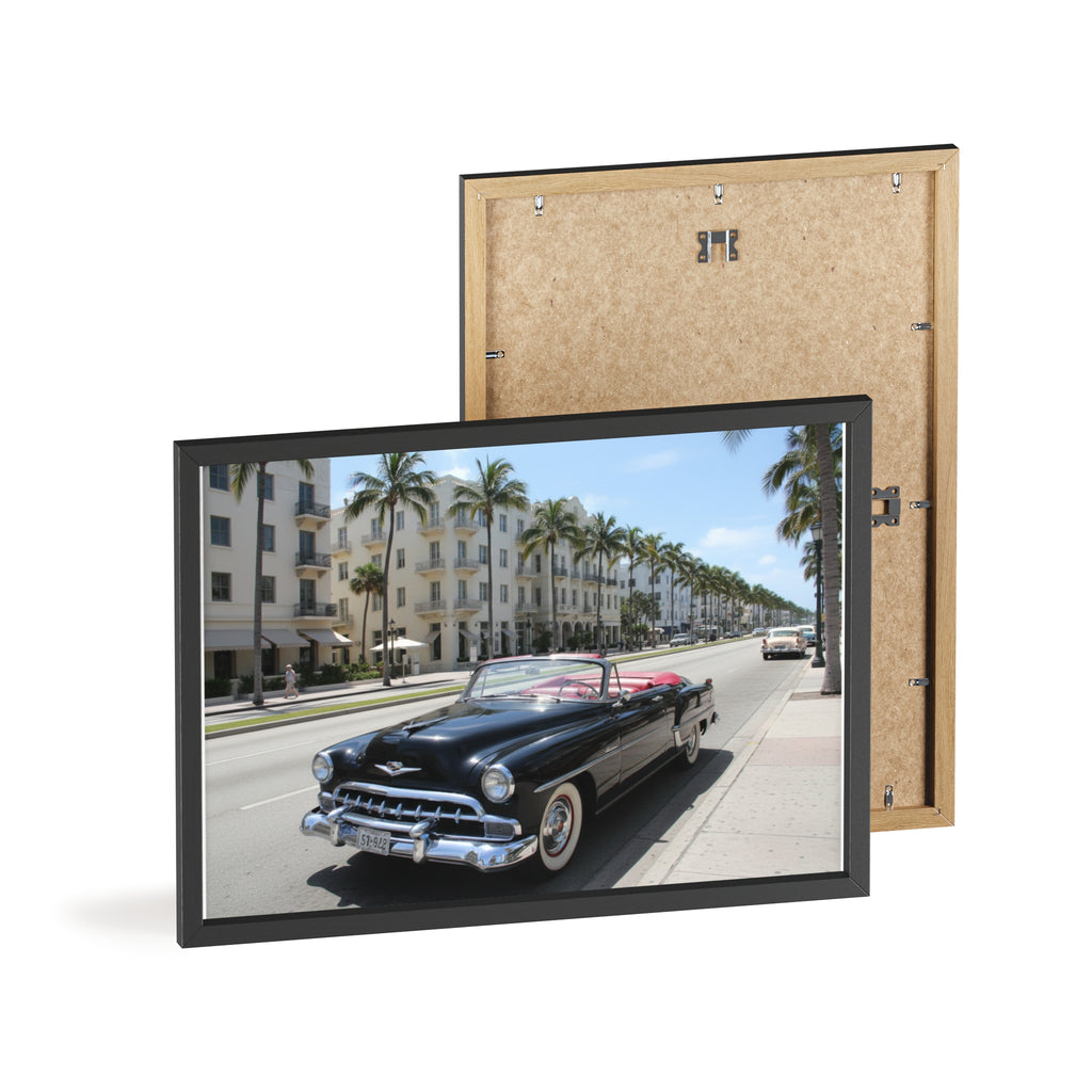 Vintage Convertible on Ocean Drive Framed Poster – Retro Classic Car Wall Art